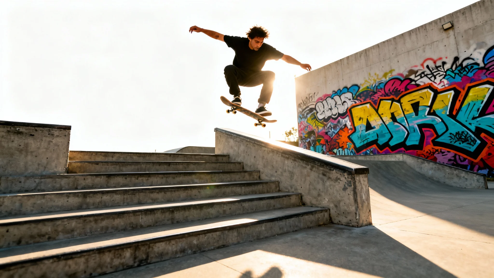 A mockup of a 9:16 vertical video showing a skateboarder performing a trick mid-air in a skatepark, displayed on a white background.