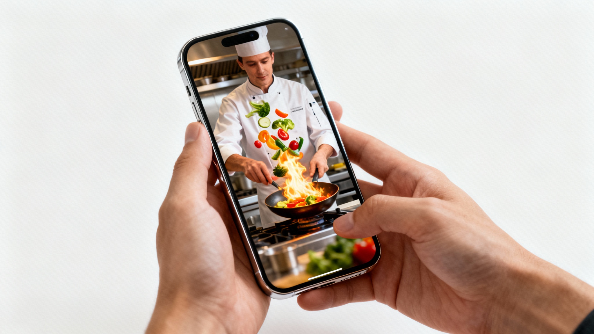 A person holding a smartphone that displays a high-quality 9:16 vertical video of a chef cooking, set against a clean white background.