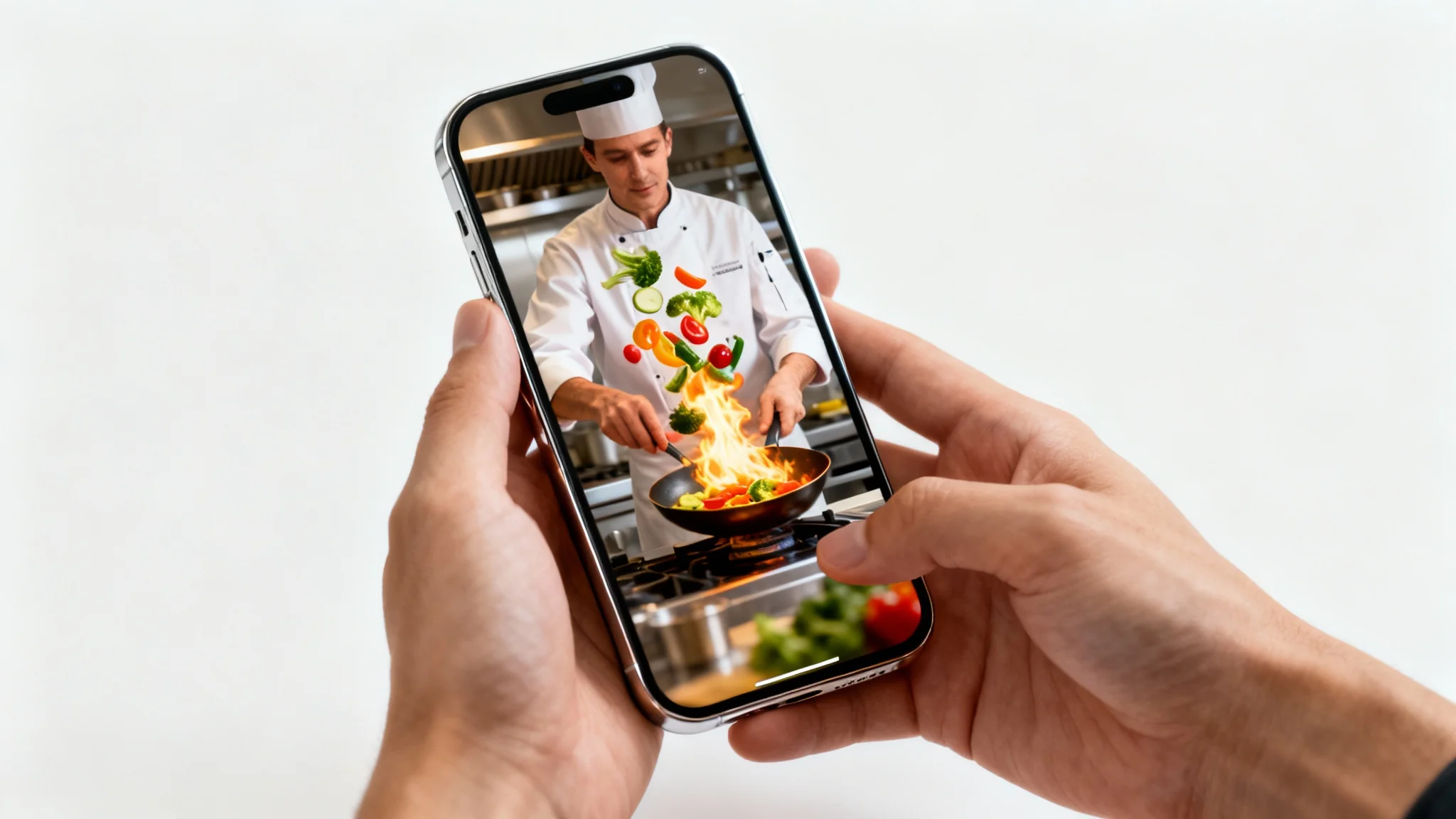 A person holding a smartphone that displays a high-quality 9:16 vertical video of a chef cooking, set against a clean white background.