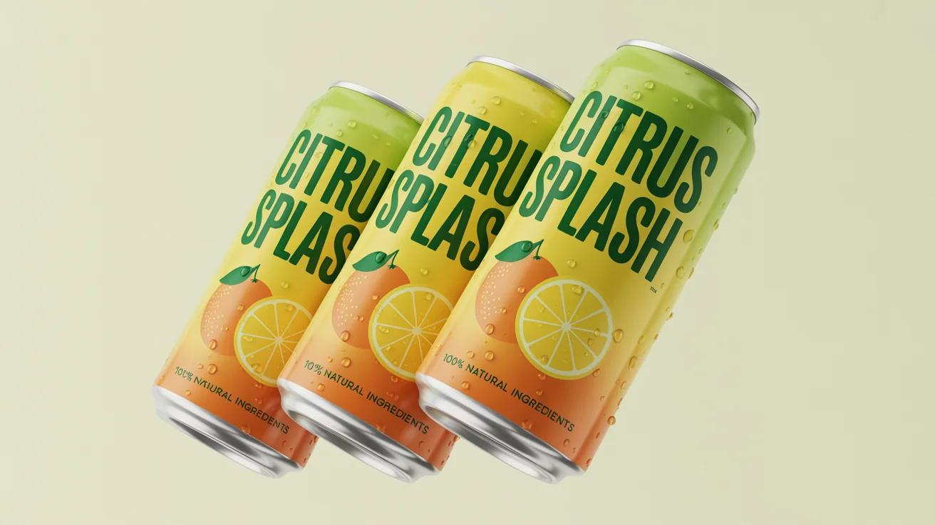 A professional product shot of three refreshing, condensation-covered beverage cans featuring a 'Citrus Splash' label. The vibrant label has a yellow-orange gradient, green text, and illustrations of citrus fruits.