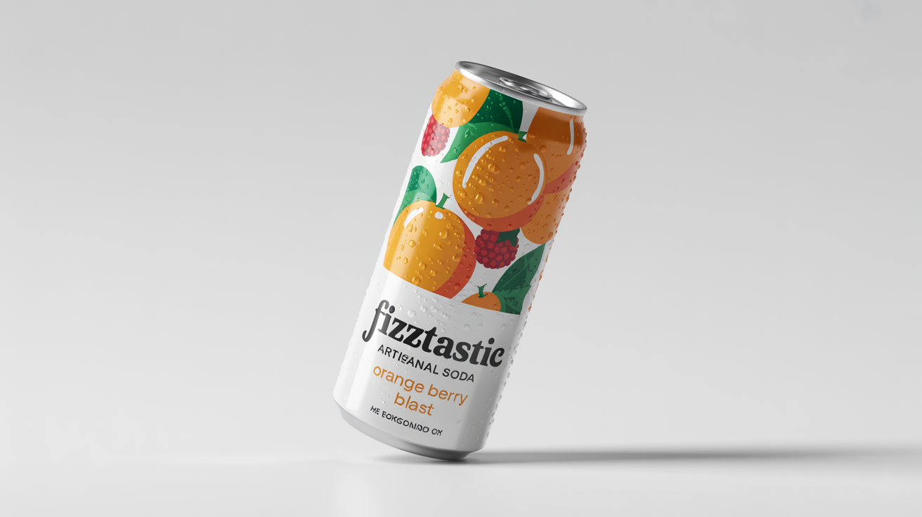 A photorealistic mockup of a modern aluminum soda can with a colorful and vibrant label design for a brand called 'Fizztastic', featuring fruit illustrations and displayed against a plain white background.