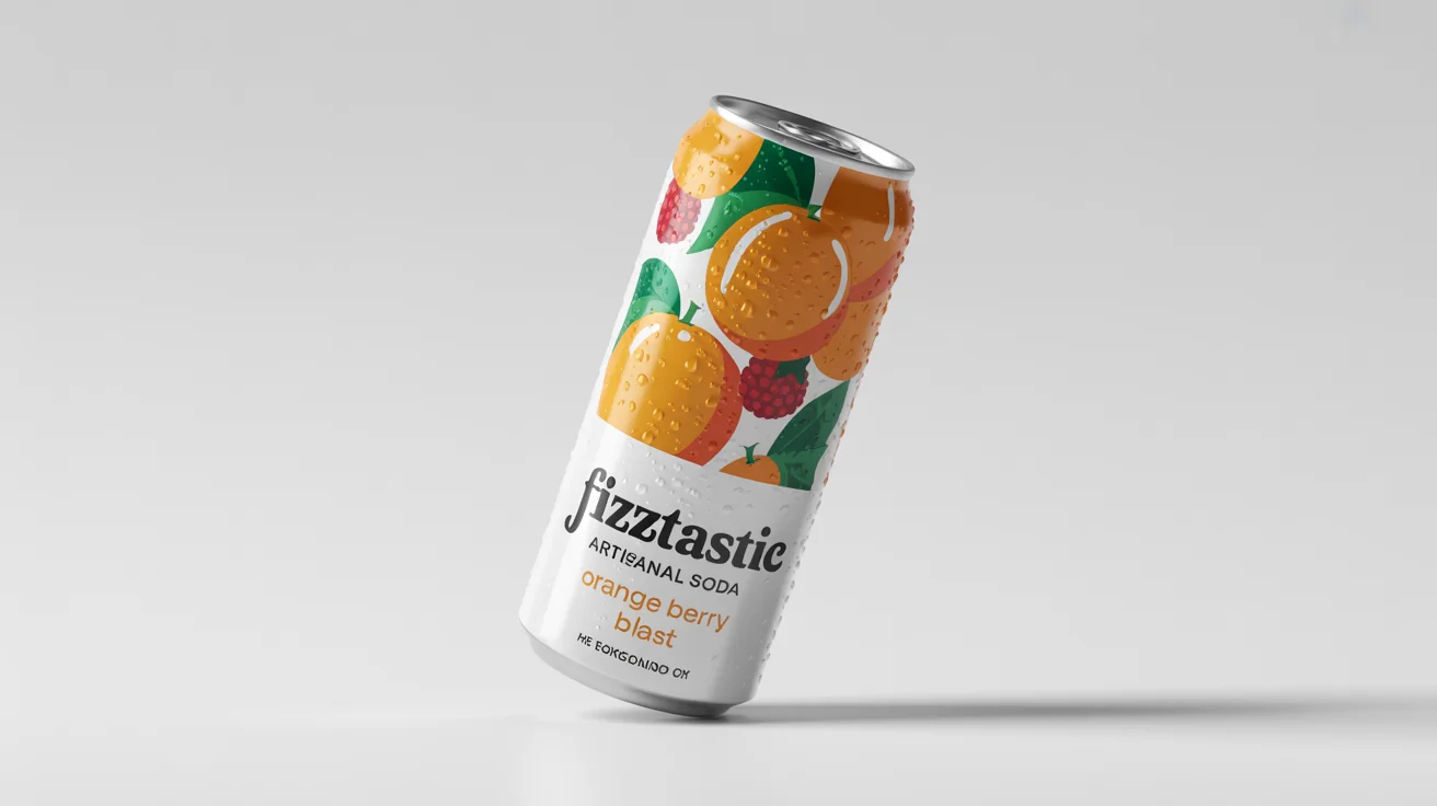 A photorealistic mockup of a modern aluminum soda can with a colorful and vibrant label design for a brand called 'Fizztastic', featuring fruit illustrations and displayed against a plain white background.