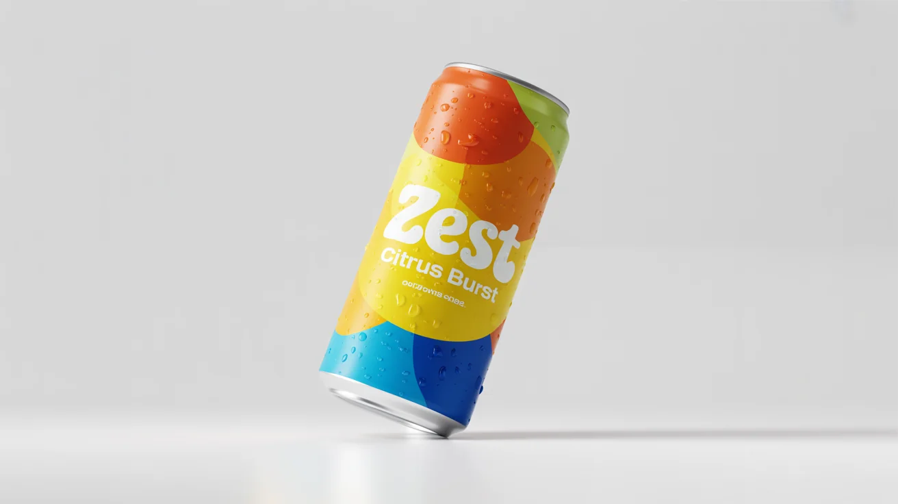 A modern aluminum beverage can with a vibrant 'Zest' brand label for a 'Citrus Burst' flavor, shown with condensation droplets against a clean white background.