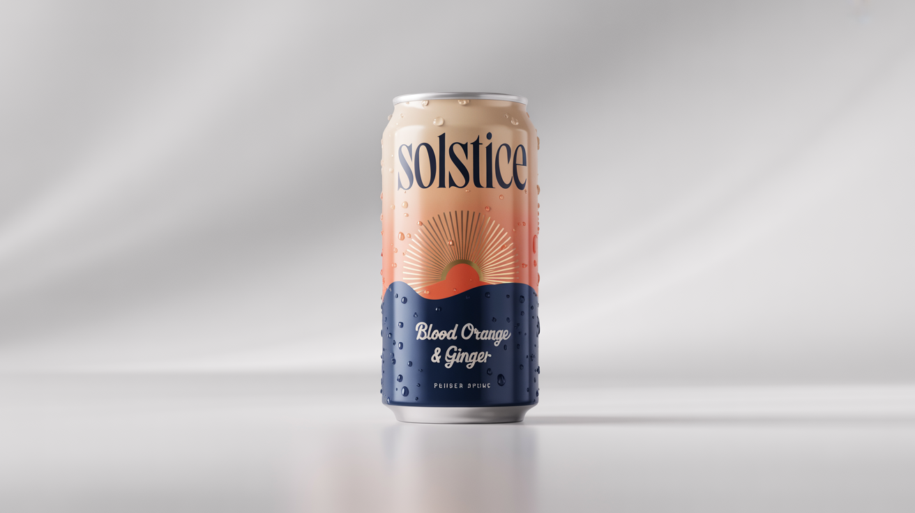 A photorealistic mockup of a modern beverage can labeled 'SOLSTICE' with 'Blood Orange & Ginger' flavor, featuring a navy and gold design on a clean white background.