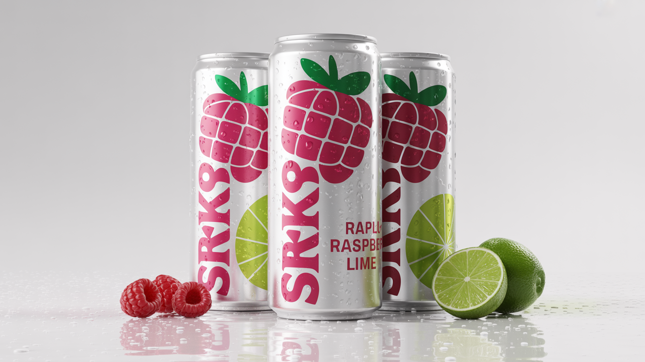 Three aluminum cans with custom, modern labels for a fictional sparkling water brand named 'SPARKLE'. The cans are chilled with condensation and are surrounded by fresh raspberries and a lime wedge on a clean white background.