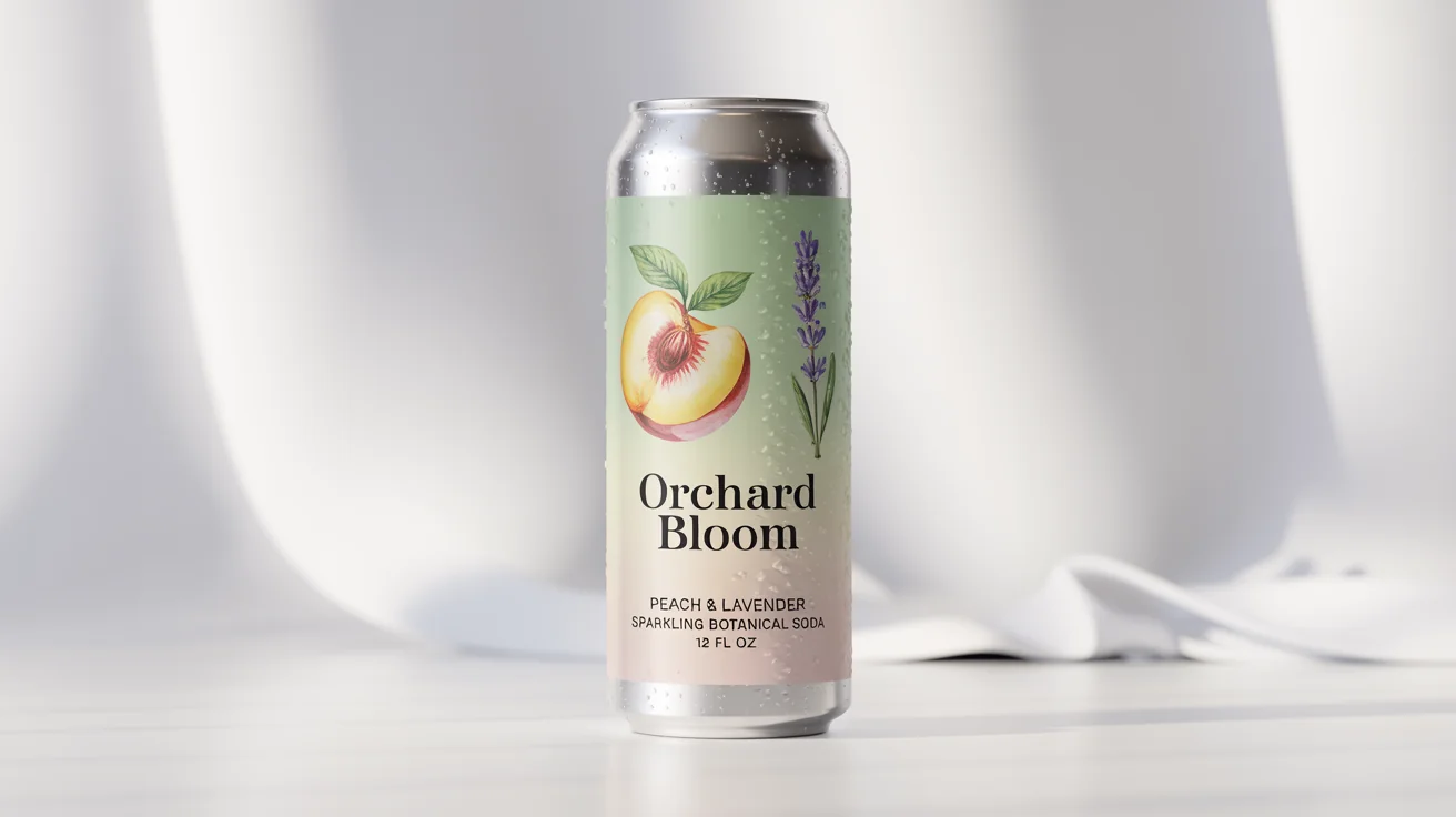 A photorealistic mockup of a beverage can with a custom label design. The label is for a 'Peach & Lavender' sparkling soda from a brand called 'Orchard Bloom' and is set against a plain white background.