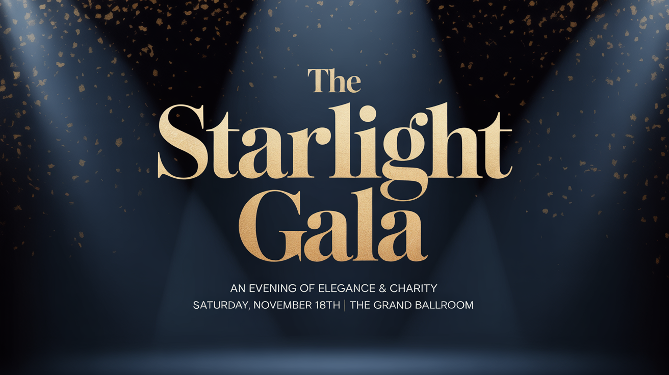 An elegant poster for 'The Starlight Gala', featuring gold text on a dark, sparkling navy blue background. The design is luxurious and professional, suitable for a formal charity event.