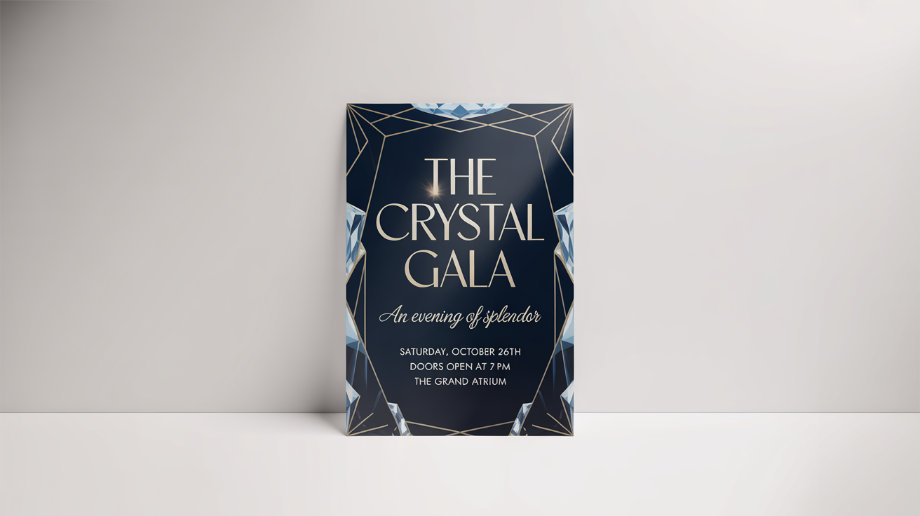 A professional mockup of a gala poster titled 'The Crystal Gala', featuring an elegant navy blue and gold art deco design on a white background.