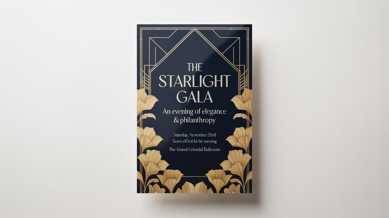 A photorealistic mockup of an elegant gala poster for 'The Starlight Gala'. The design is Art Deco-inspired with navy blue and gold accents, displayed against a clean white background.