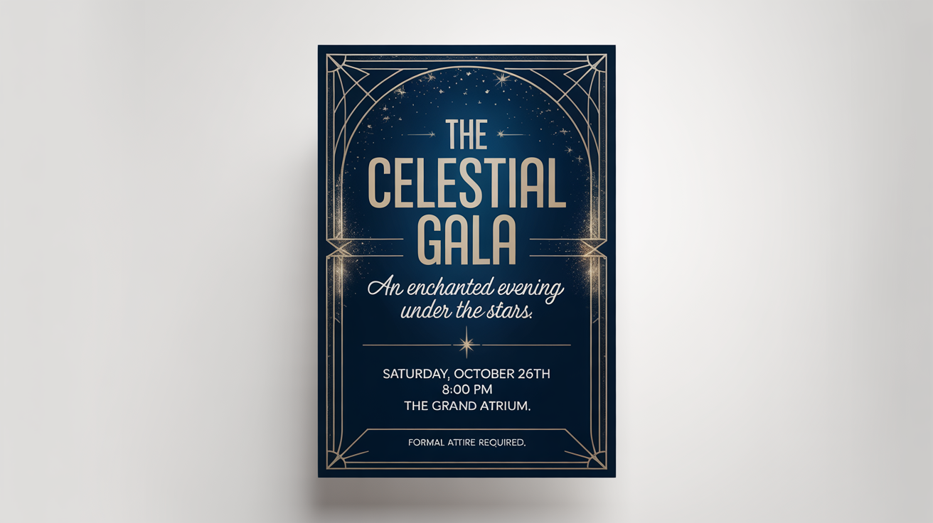 A luxurious Art Deco-style gala poster mockup on a white background. The poster, in navy and gold, announces 'The Celestial Gala' with event details in elegant typography.