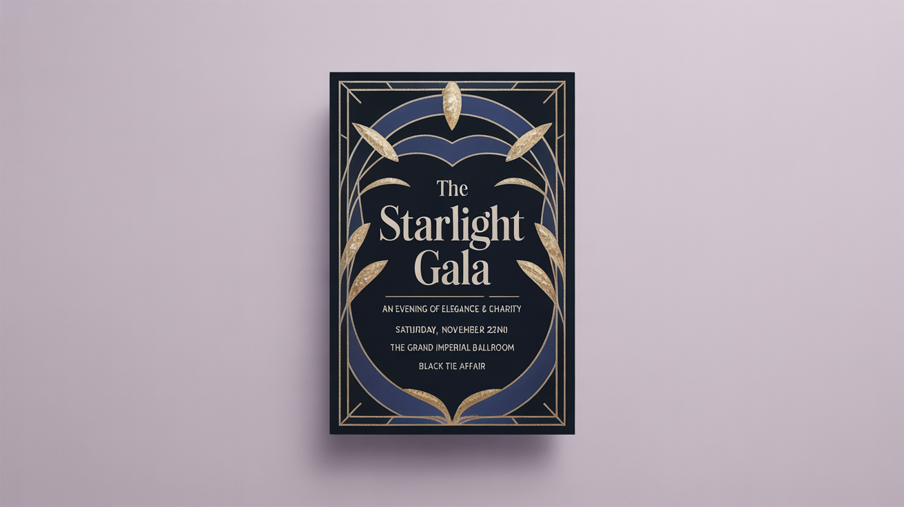 A mockup of an elegant, dark blue and gold poster for 'The Starlight Gala', featuring an art deco design and displayed against a clean white background.