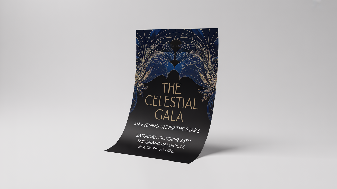 A sophisticated gala poster mockup in an Art Deco style, featuring gold text on a navy background that reads 'The Celestial Gala'. The poster is displayed on a clean white surface.