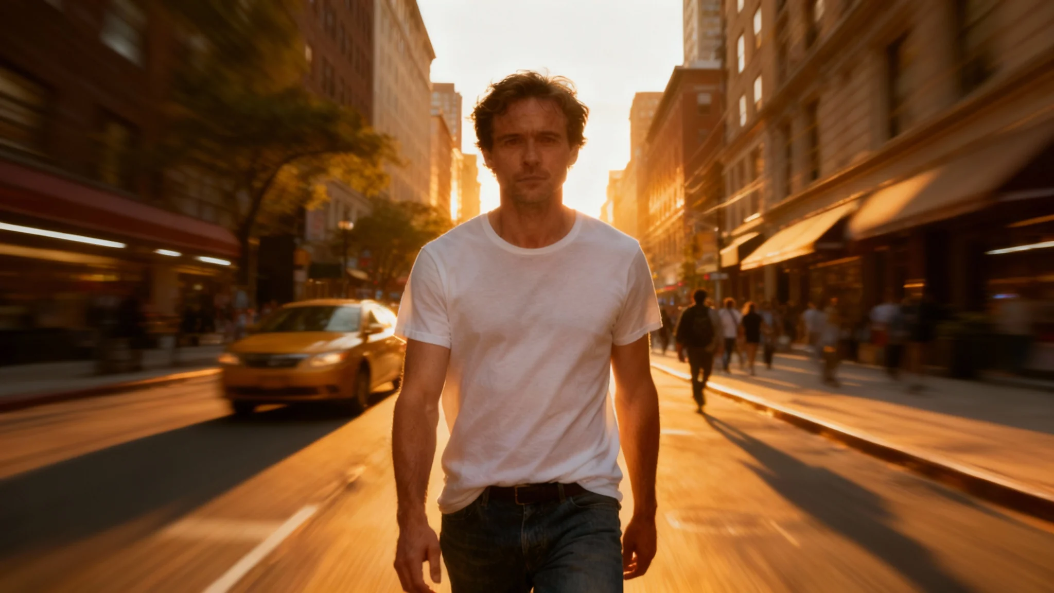 A dramatic photograph of a man on a city street created with a dolly zoom effect. The man is in sharp focus, while the city background is warped and stretched, creating a powerful sense of vertigo.