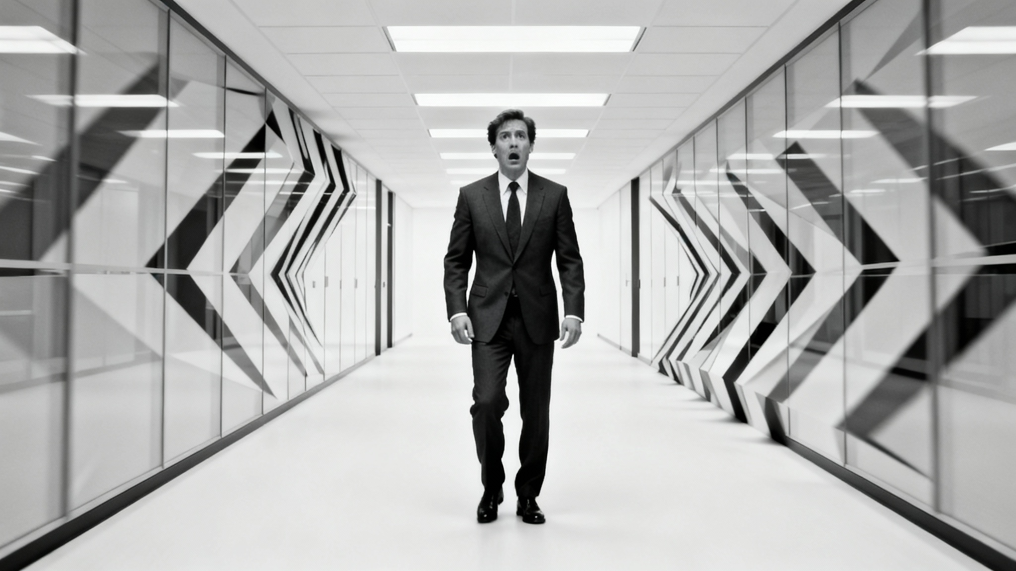 A dramatic photo illustrating the dolly zoom effect, featuring a man in a suit in sharp focus against a warped and stretched office hallway background.