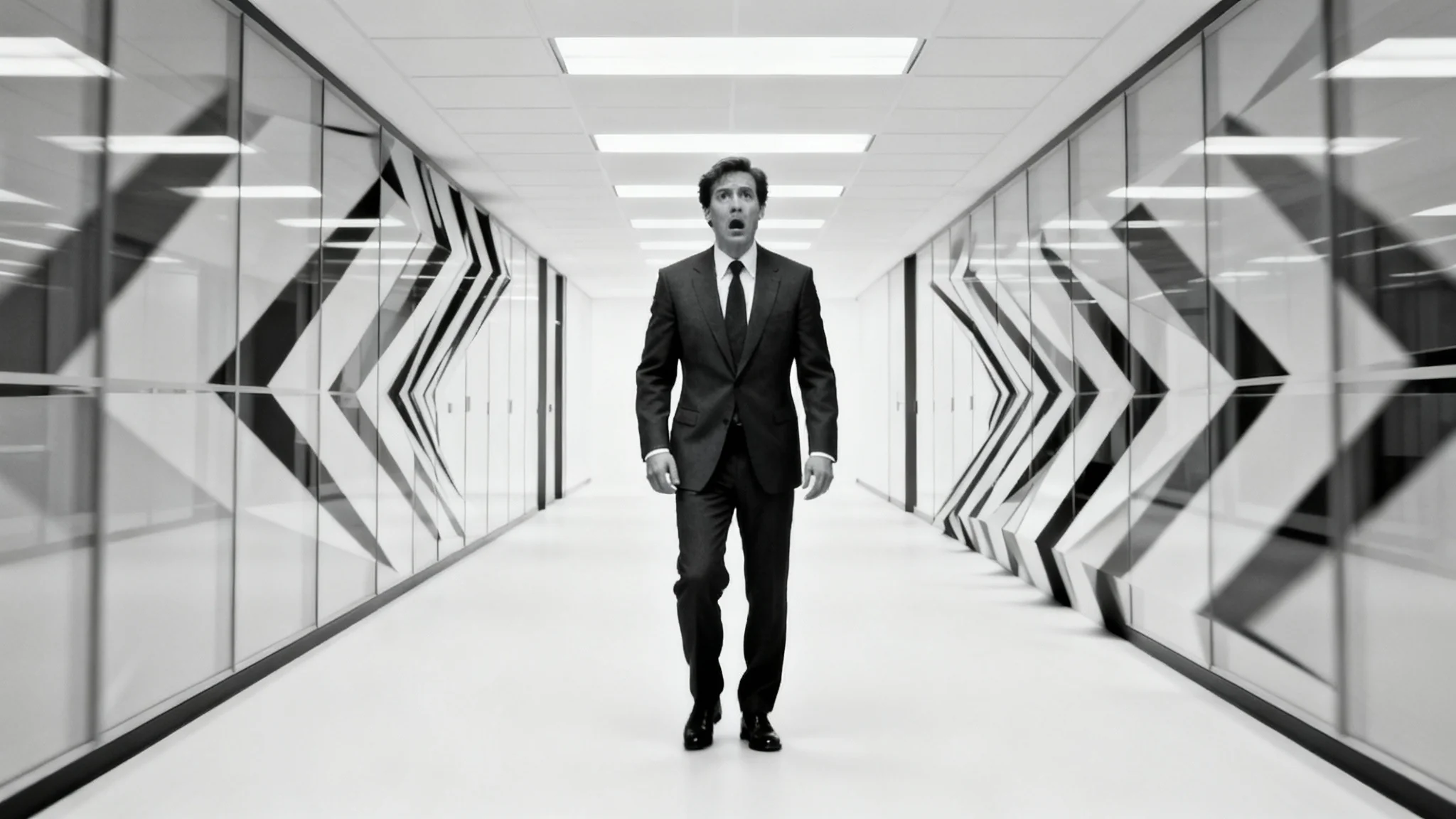 A dramatic photo illustrating the dolly zoom effect, featuring a man in a suit in sharp focus against a warped and stretched office hallway background.