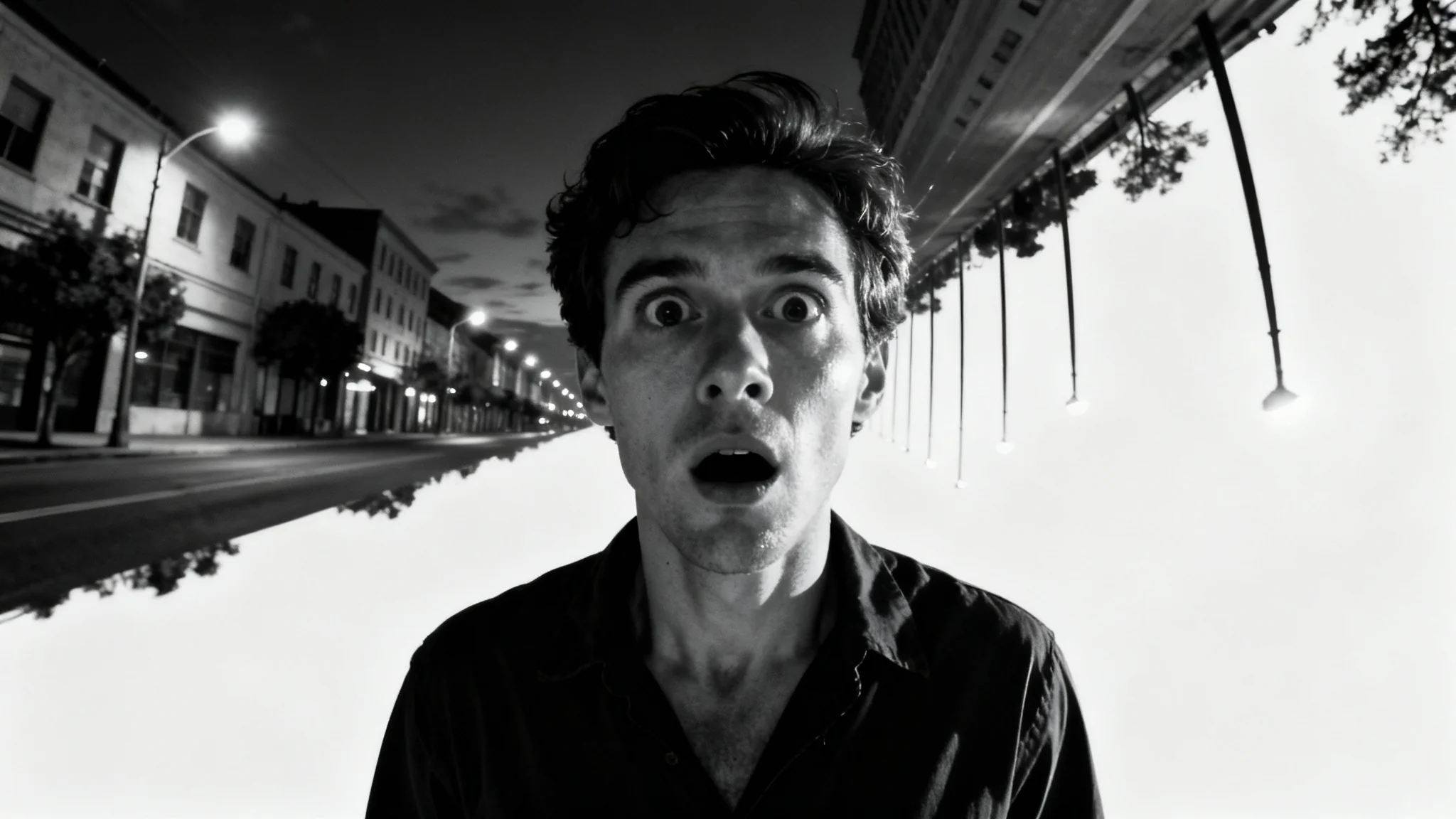 A cinematic photo demonstrating the dolly zoom effect, with a person in sharp focus while the city street background appears stretched and distorted, creating a sense of vertigo.