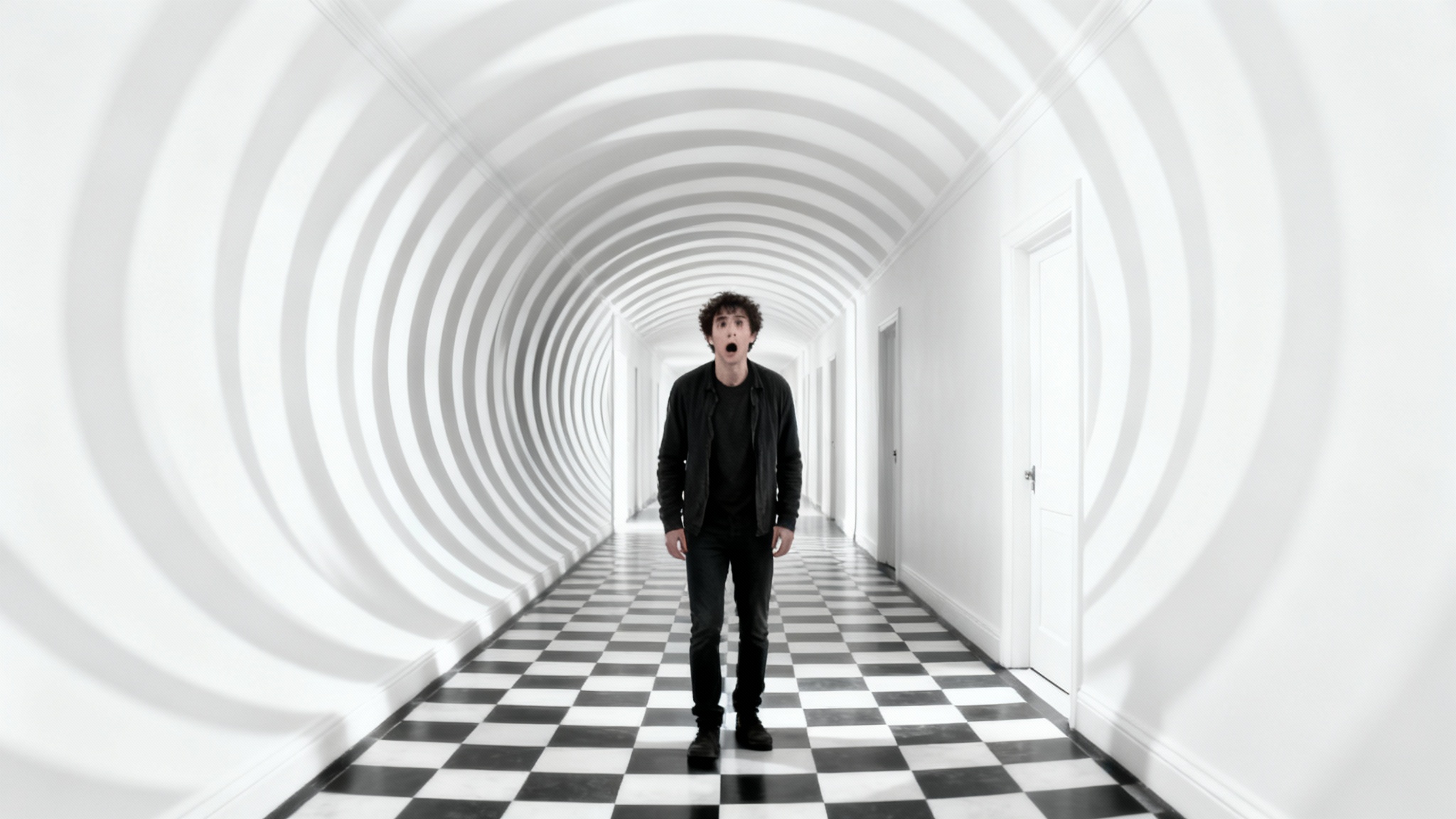 A cinematic photo demonstrating the dolly zoom effect, featuring a person in a hallway with a warped, compressed background, creating a sense of unease.