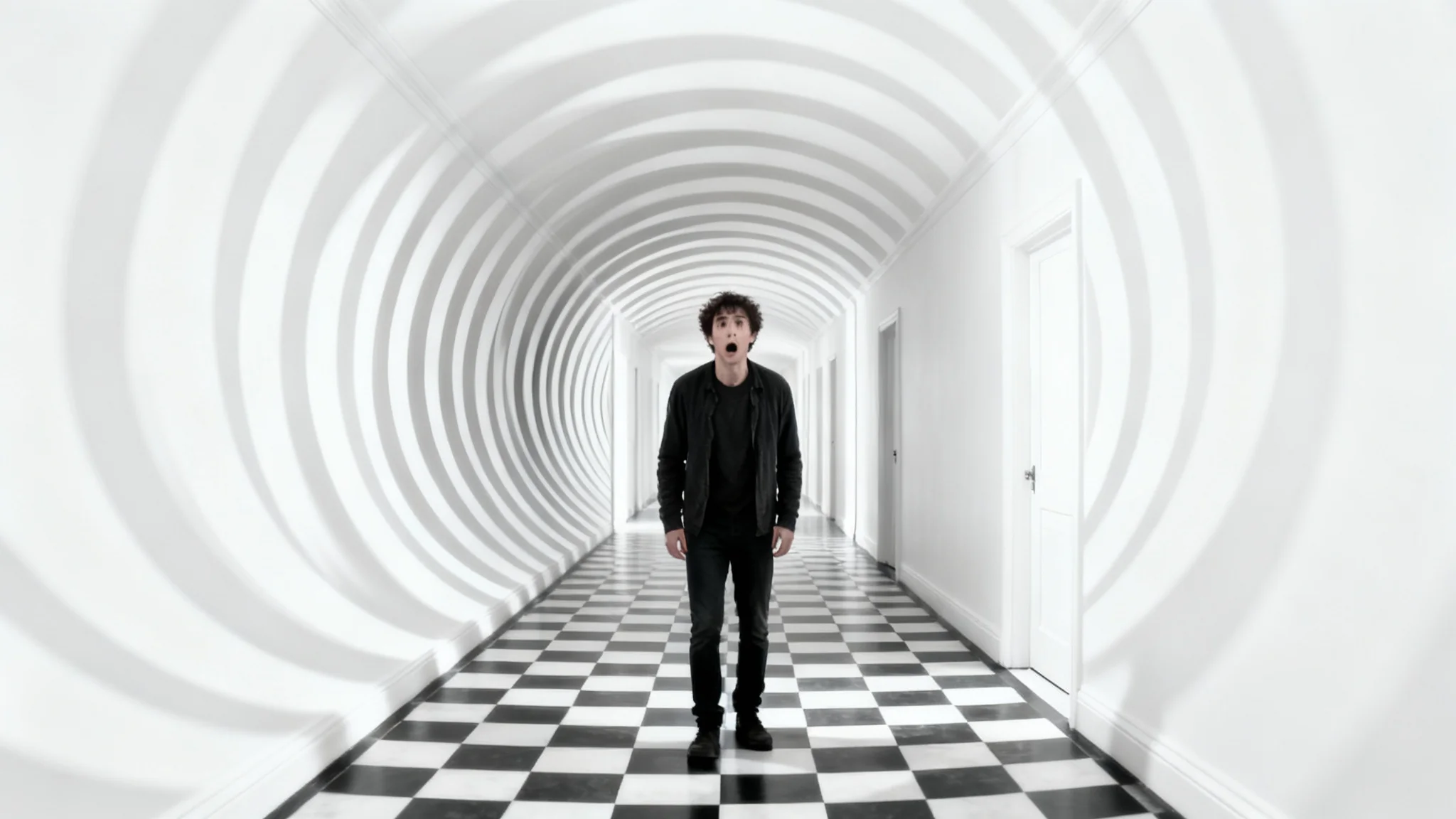 A cinematic photo demonstrating the dolly zoom effect, featuring a person in a hallway with a warped, compressed background, creating a sense of unease.