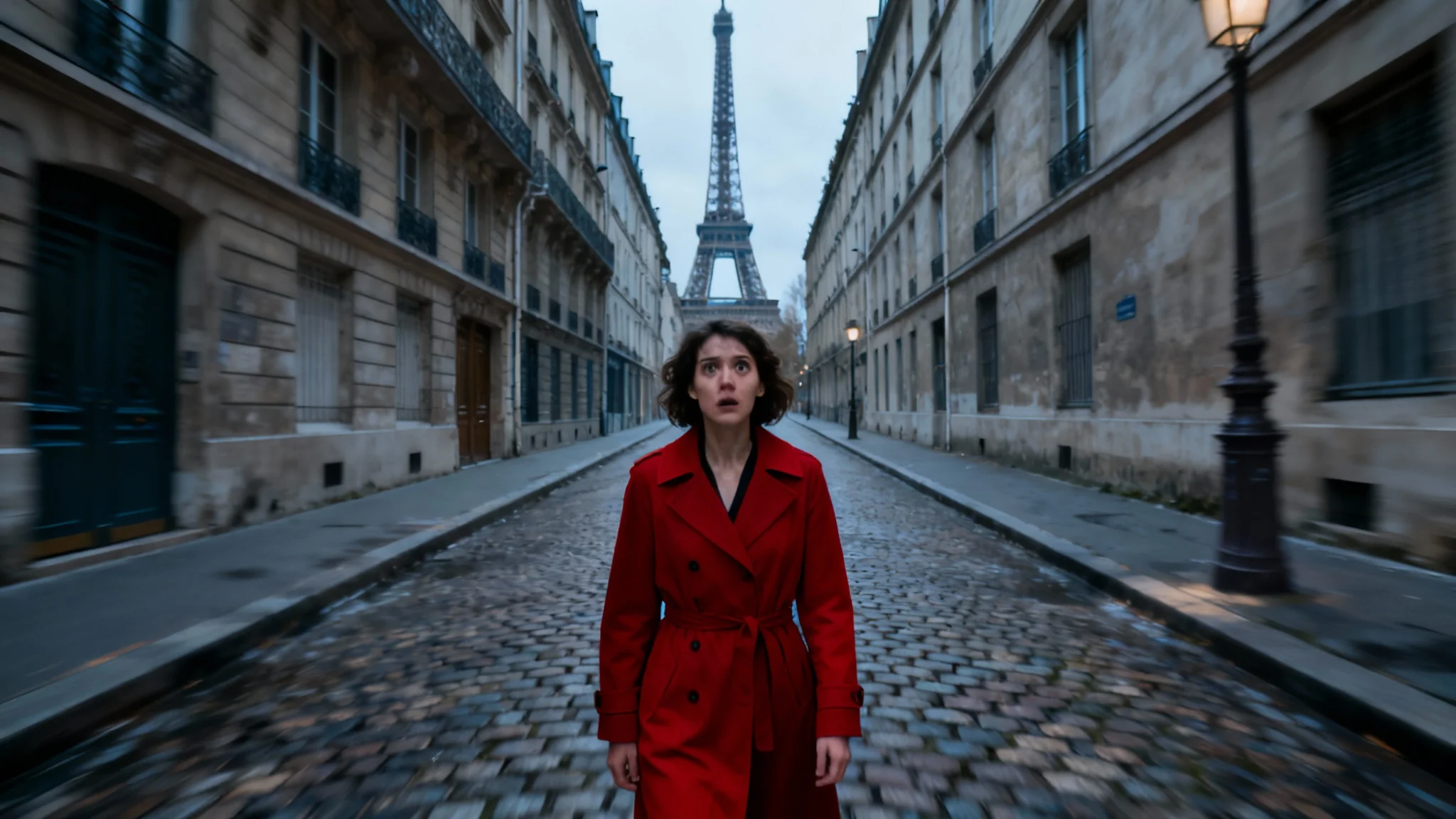 A photorealistic image demonstrating the dolly zoom effect, featuring a woman in a red coat standing in sharp focus in a Parisian alley as the background warps and stretches away, creating a disorienting visual.