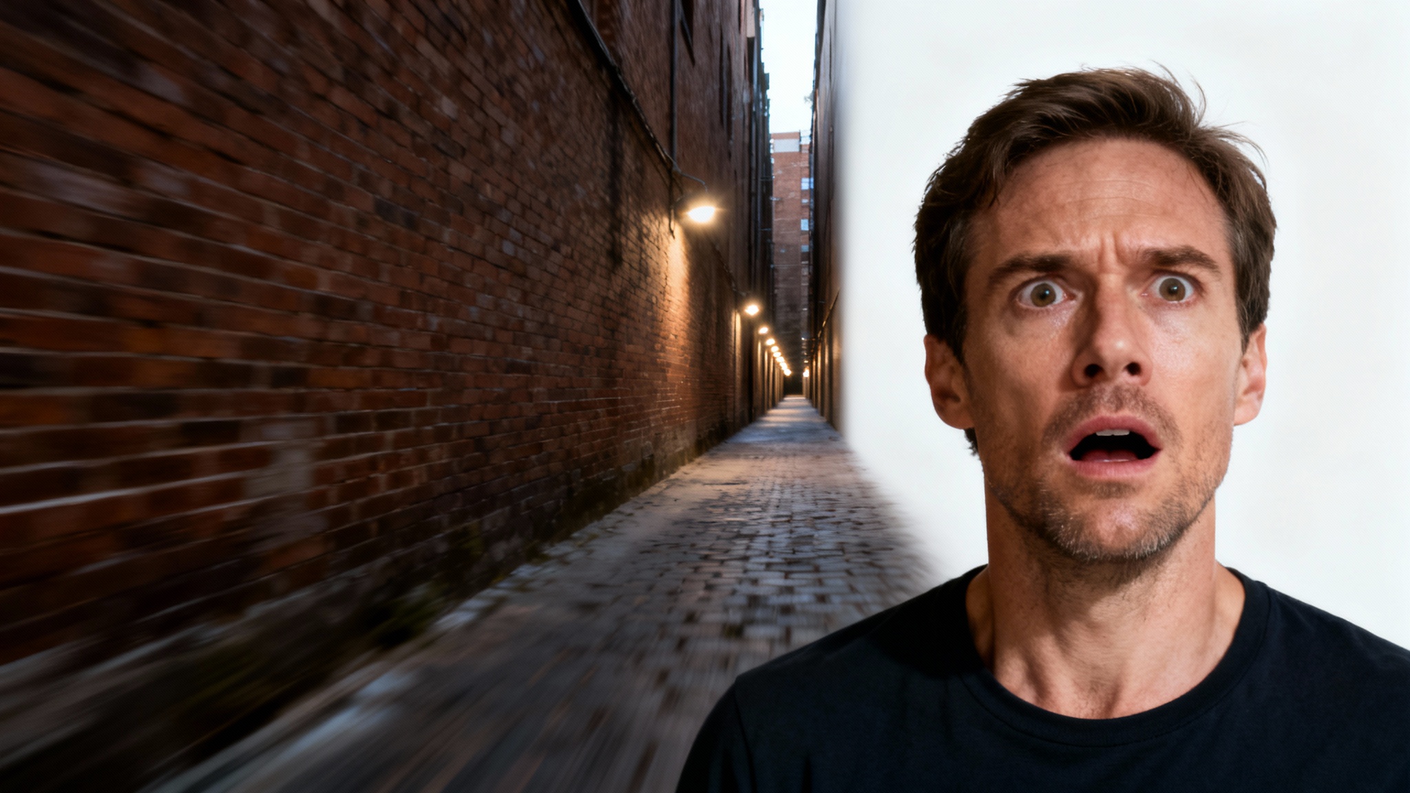 A cinematic photo illustrating the dolly zoom effect, featuring a man with a shocked expression in sharp focus while the alleyway behind him appears visually distorted and stretched.