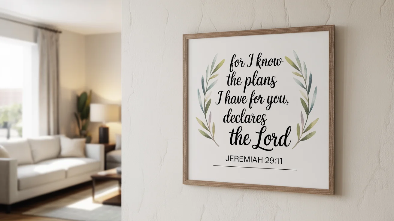 A framed piece of Bible verse wall art hanging in a modern living room, featuring the verse 'For I know the plans I have for you, declares the Lord' from Jeremiah 29:11 in elegant typography with watercolor olive branches.