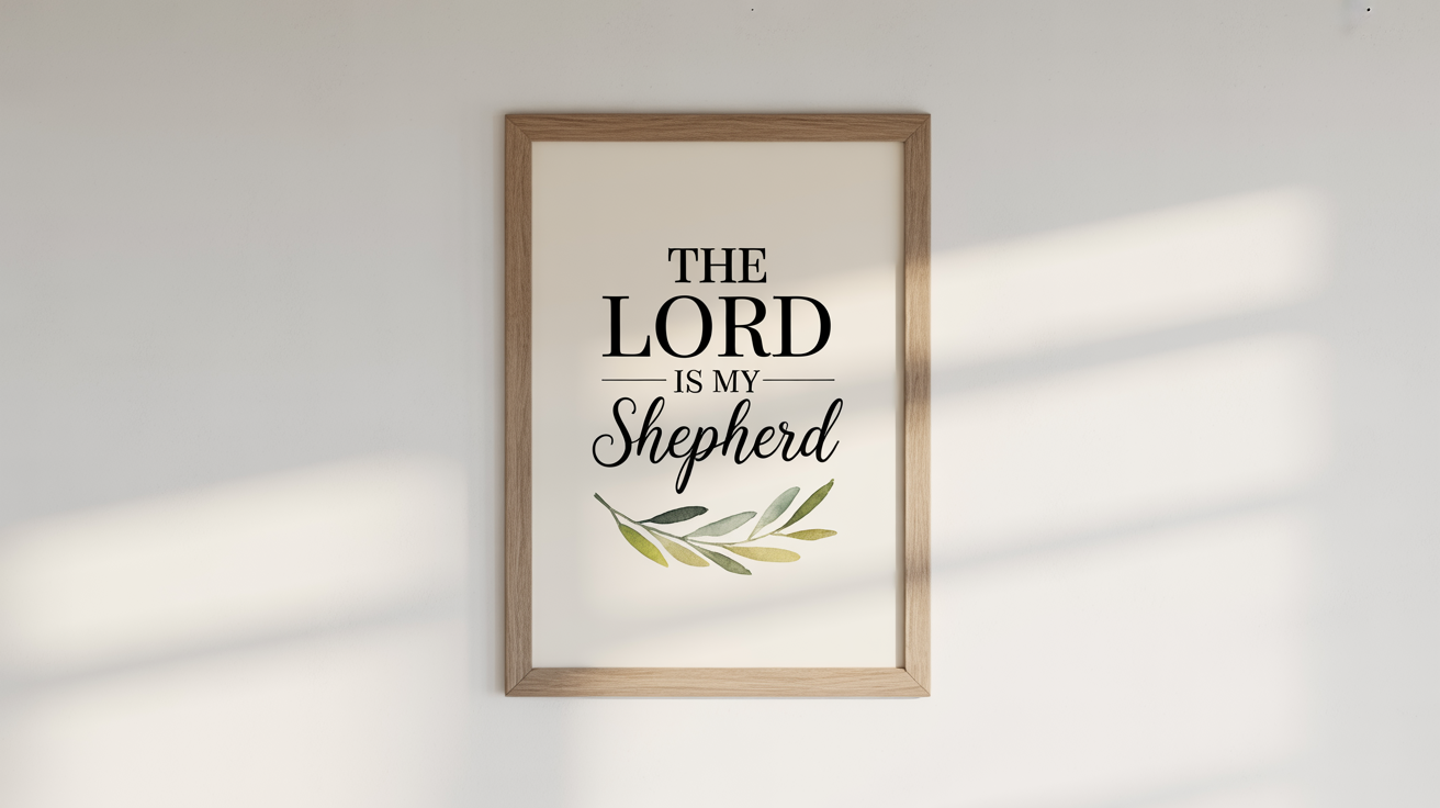 A framed piece of minimalist wall art with the Bible verse 'The LORD is my shepherd' and a small watercolor illustration of olive branches, displayed against a clean white background.