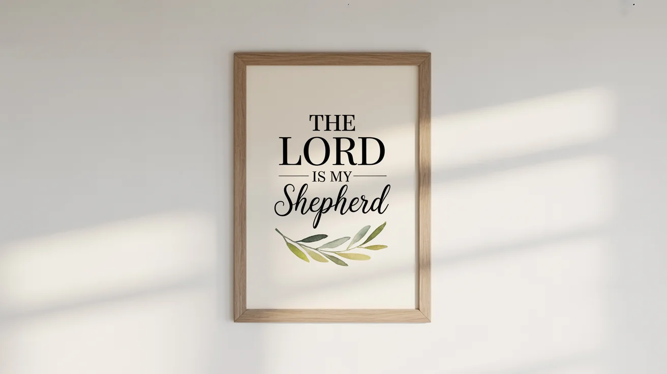A framed piece of minimalist wall art with the Bible verse 'The LORD is my shepherd' and a small watercolor illustration of olive branches, displayed against a clean white background.