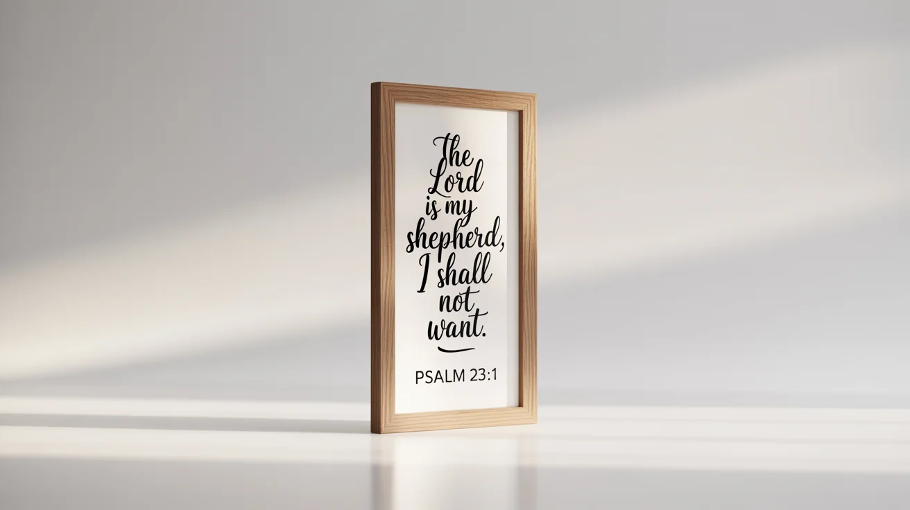 A modern framed wall art mockup featuring the bible verse 'The Lord is my shepherd; I shall not want. Psalm 23:1' in elegant typography on a white background.