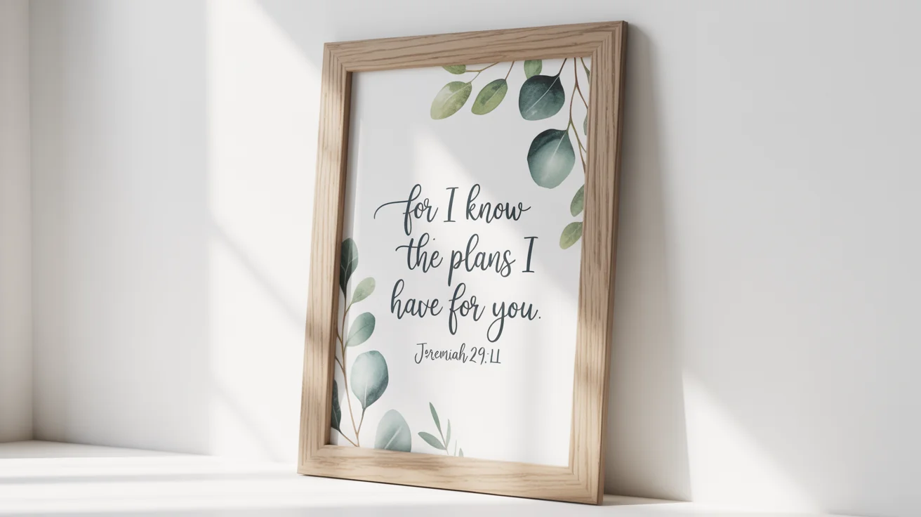 A modern wall art mockup featuring a light oak frame with the bible verse 'For I know the plans I have for you' and watercolor eucalyptus leaves, set against a clean white background.