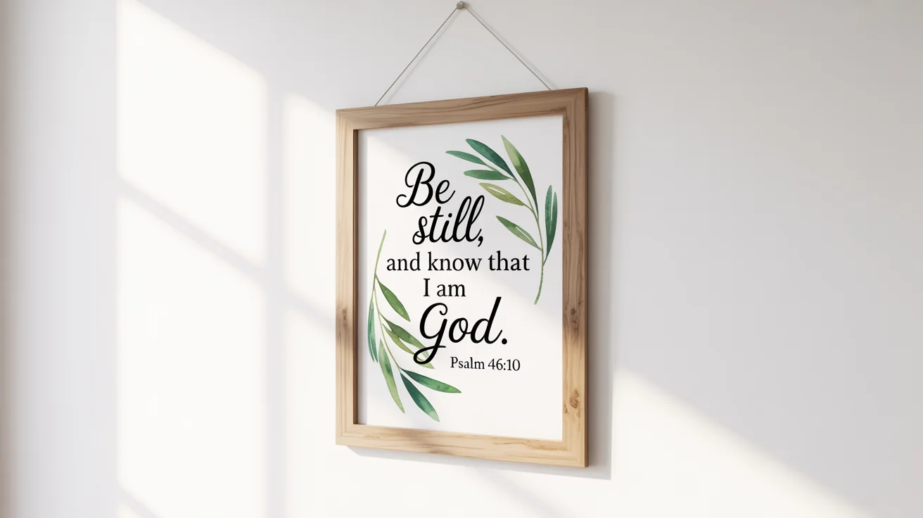 A mockup of a modern bible verse wall art in a light wood frame, featuring the quote 'Be still, and know that I am God. Psalm 46:10' with olive branch illustrations, set against a clean white background.