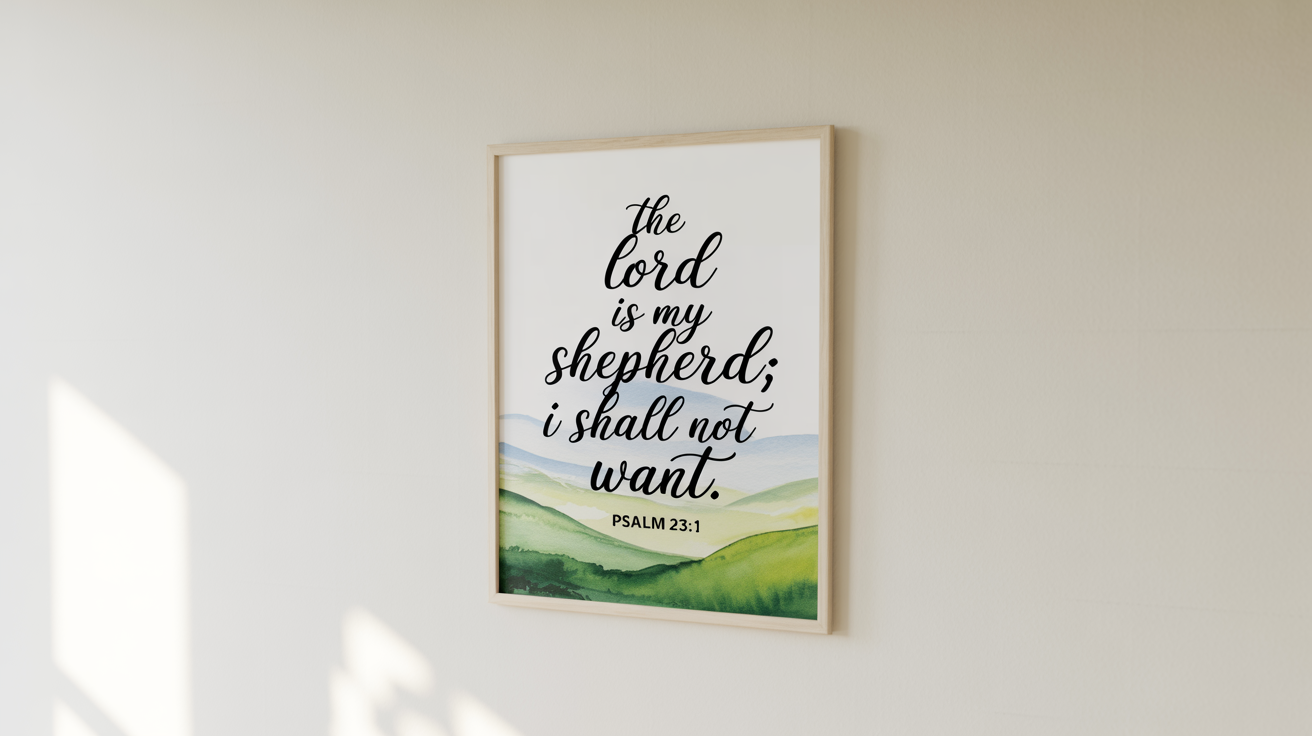A modern, minimalist piece of wall art in a light wood frame, featuring the bible verse 'The Lord is my Shepherd; I shall not want.' in elegant script, set against a clean white wall.