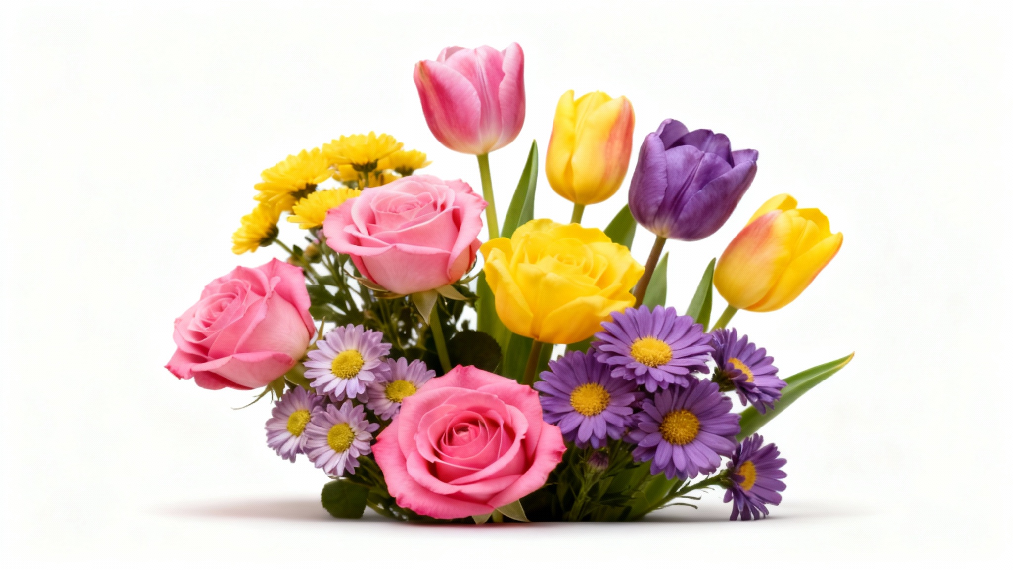 A professionally designed graphic showing a vibrant flower arrangement perfectly isolated and placed against a clean, off-white background, demonstrating the final result of an object selection tool.