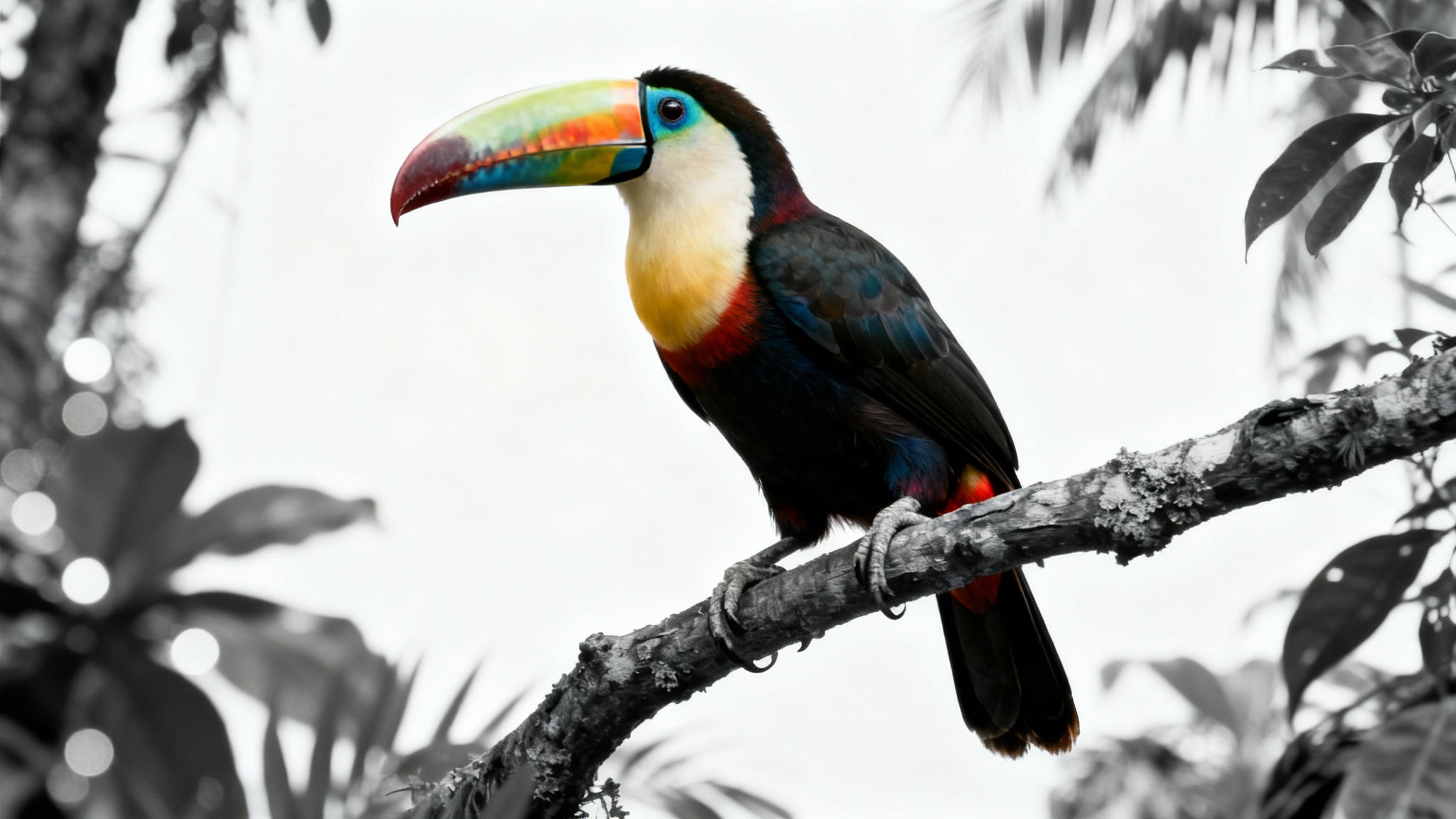 A photorealistic image demonstrating object selection, featuring a brightly colored toucan in sharp focus against a black and white, blurred jungle background.