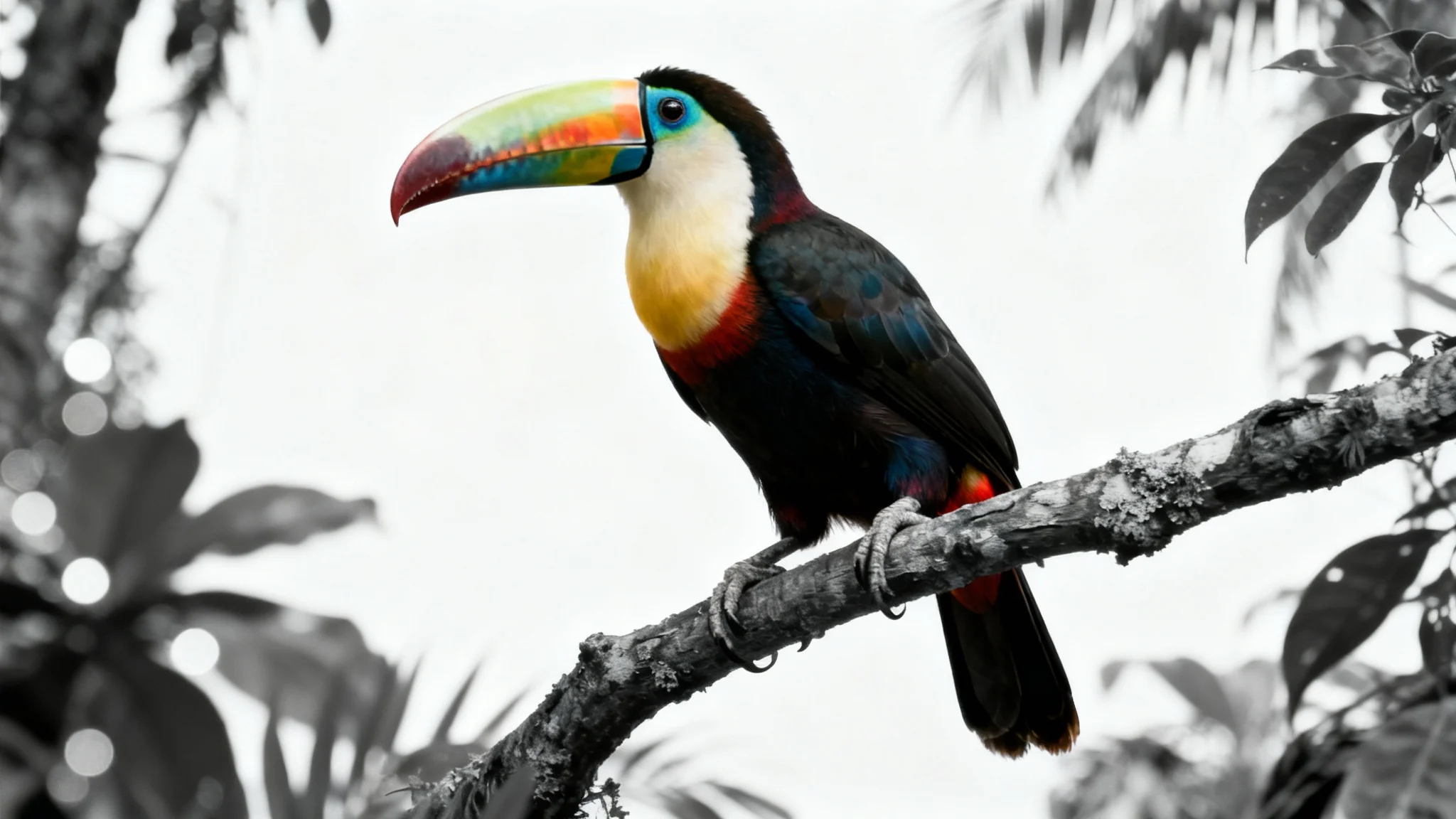 A photorealistic image demonstrating object selection, featuring a brightly colored toucan in sharp focus against a black and white, blurred jungle background.