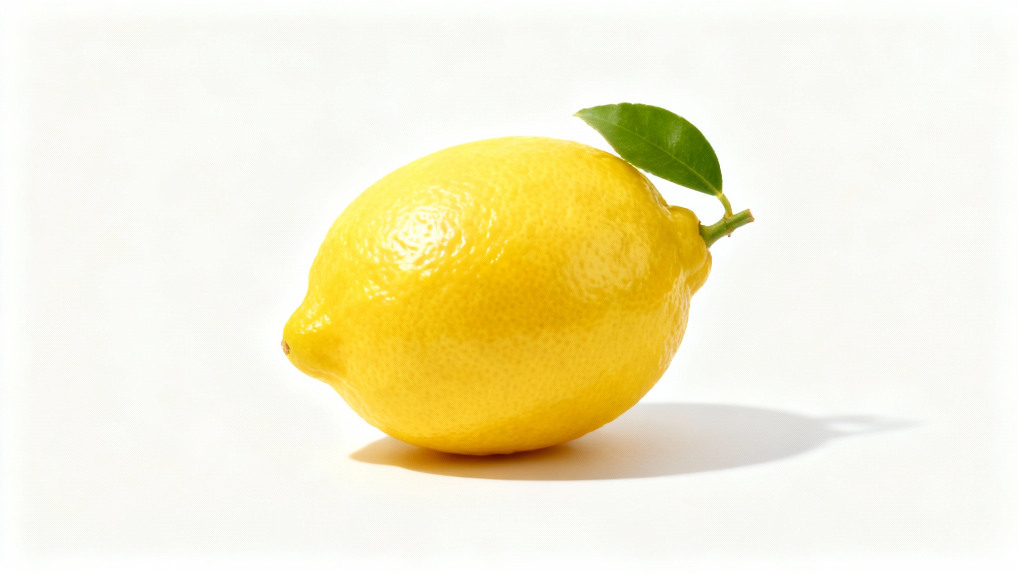 A photorealistic image of a single yellow lemon with a small green leaf, perfectly selected and isolated on a clean white background.