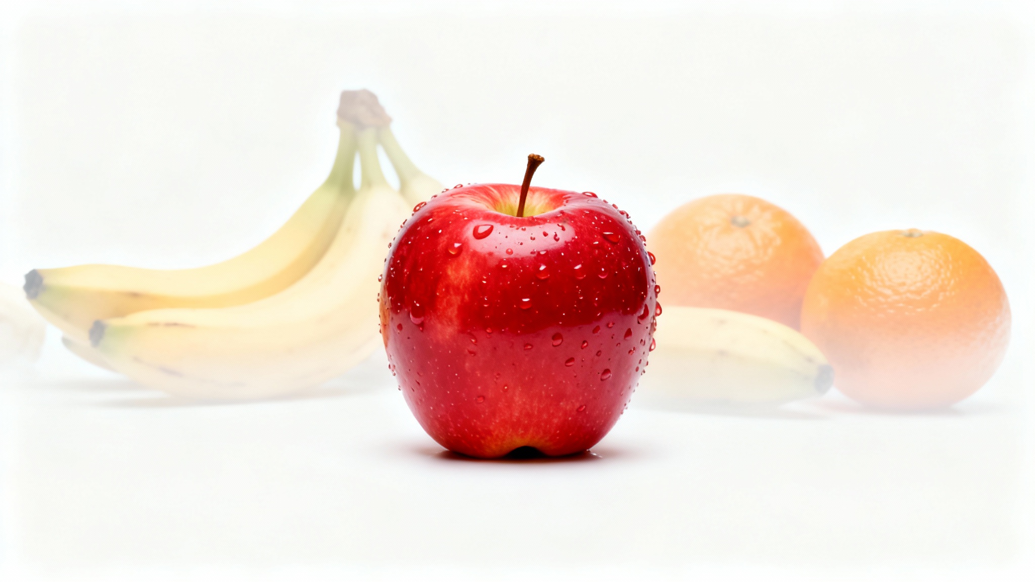 A photorealistic image demonstrating object selection, featuring a crisp, vibrant red apple in sharp focus against a blurred, colorless background of other fruits on a white studio backdrop.