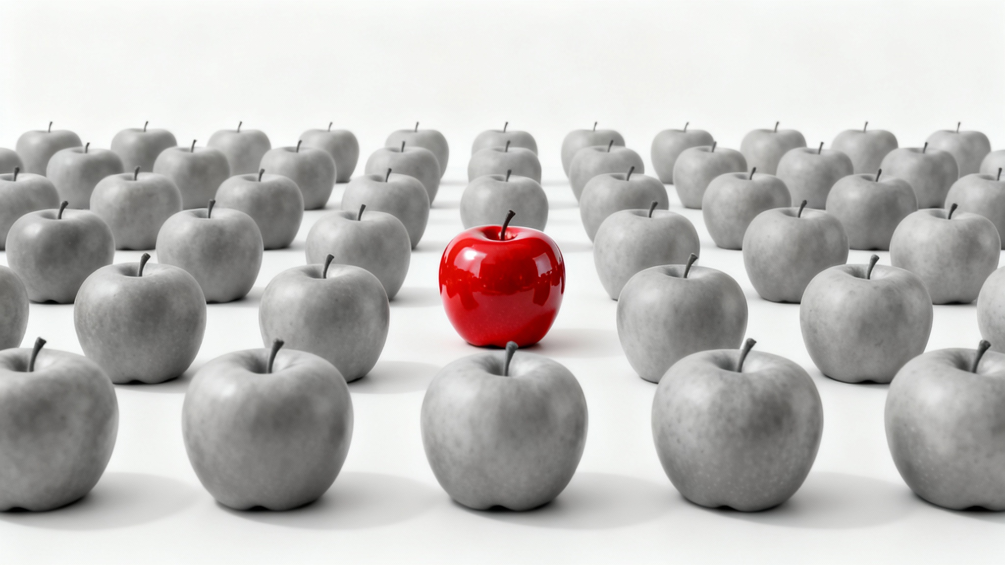 A grid of matte grey apples on a white background, with a single, glossy, bright red apple in the center, visually representing the concept of object selection.