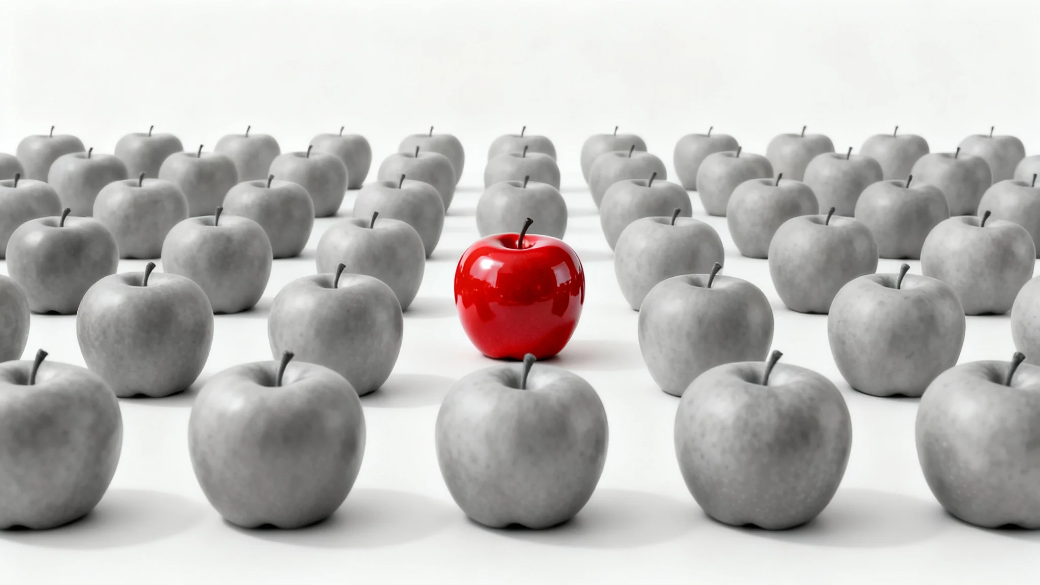 A grid of matte grey apples on a white background, with a single, glossy, bright red apple in the center, visually representing the concept of object selection.