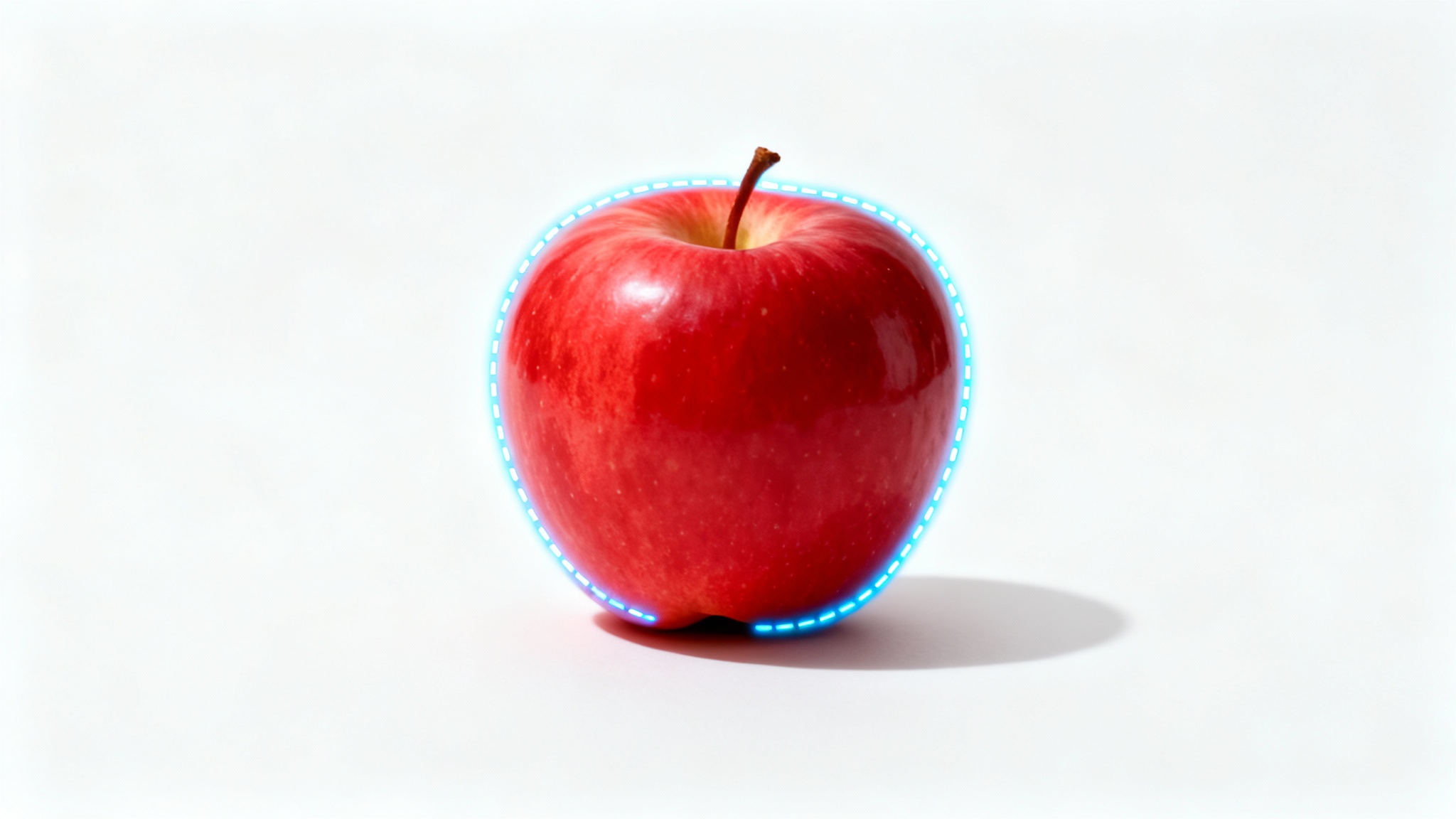 A photorealistic red apple on a white background, with a glowing blue dashed line perfectly tracing its outline to signify that the object has been selected.