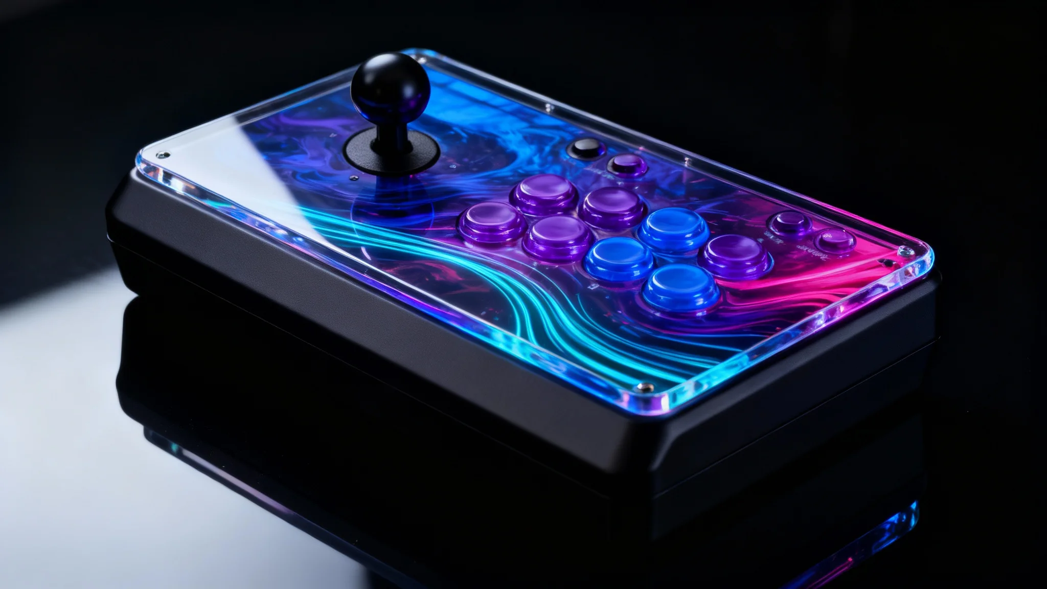 A sleek, custom hitbox controller with vibrant blue and purple abstract artwork on its face, shown in a professional product shot against a dark, clean background.