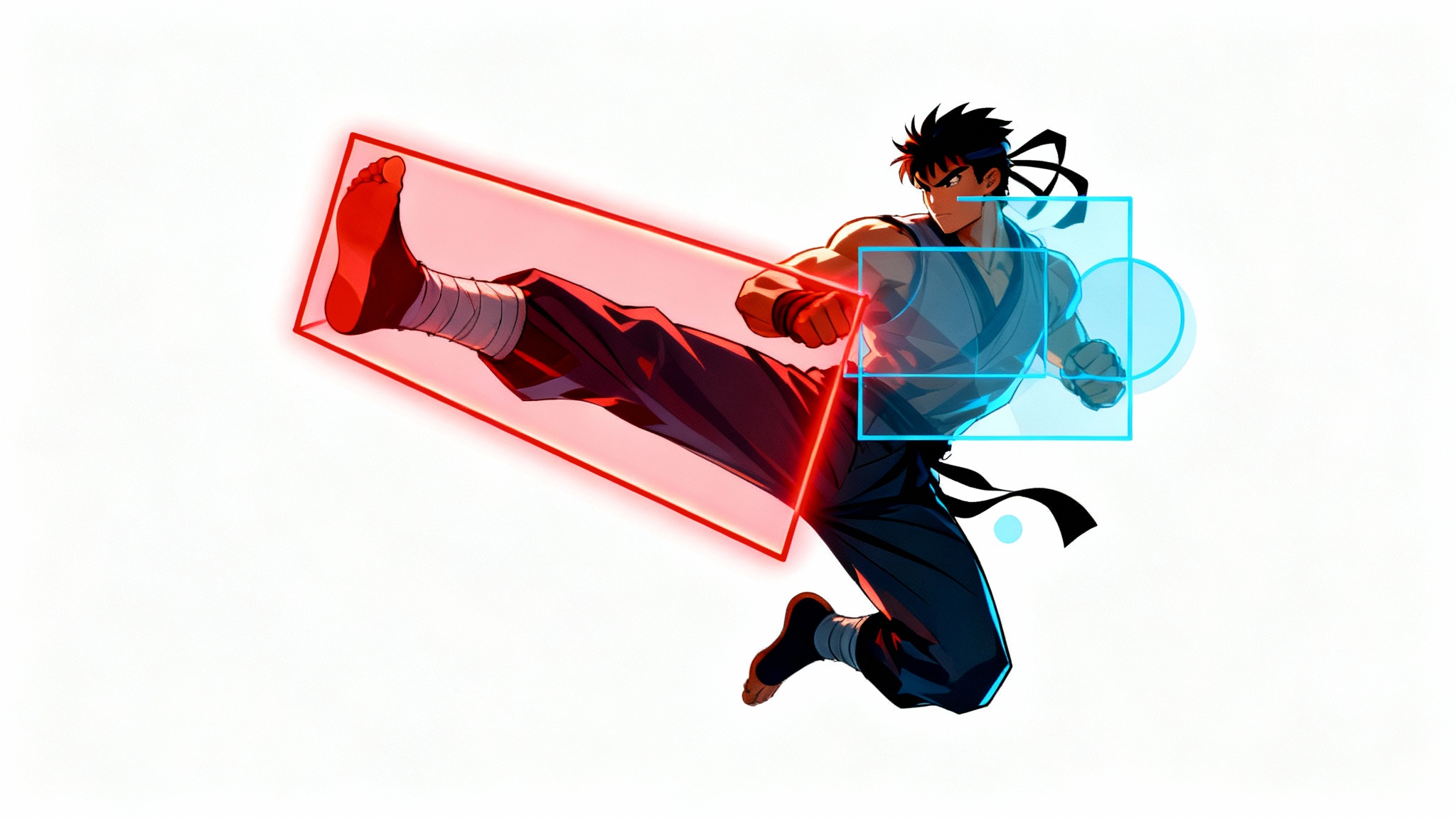 A digital illustration of a fighting game character in mid-kick, with vibrant red and blue geometric shapes overlaid to show the attack's hitbox and the character's hurtbox against a plain white background.