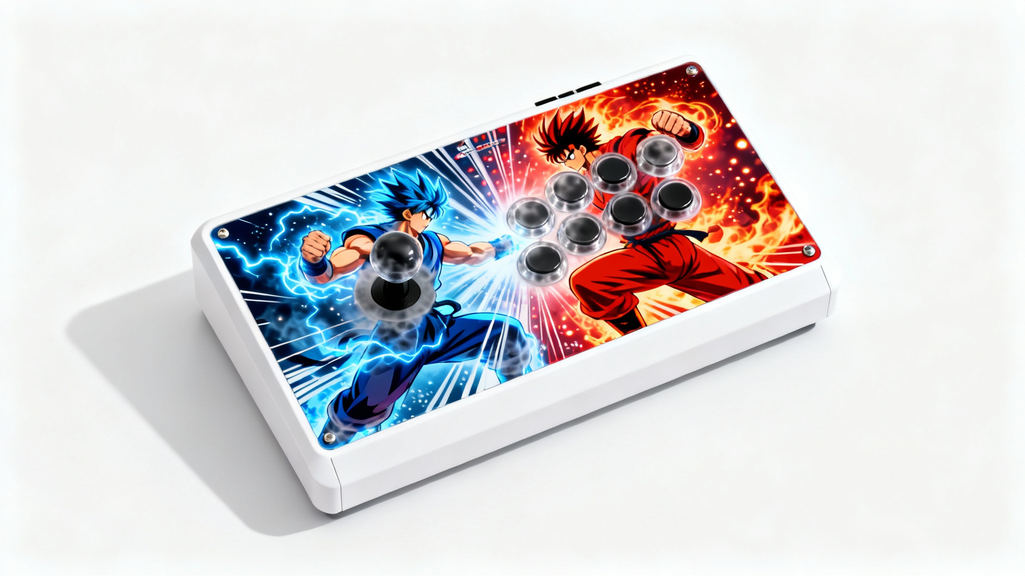 A custom hitbox arcade controller mockup with vibrant anime-style art of two fighters in combat, set against a clean white background.
