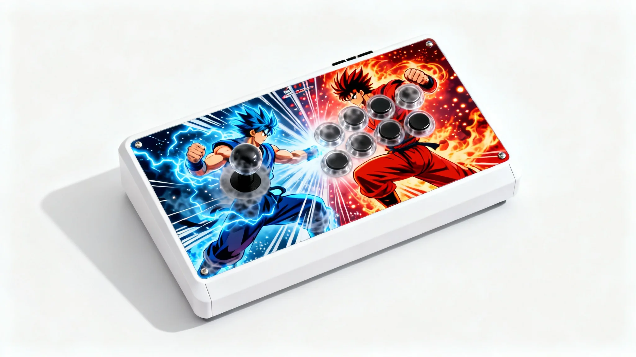 A custom hitbox arcade controller mockup with vibrant anime-style art of two fighters in combat, set against a clean white background.