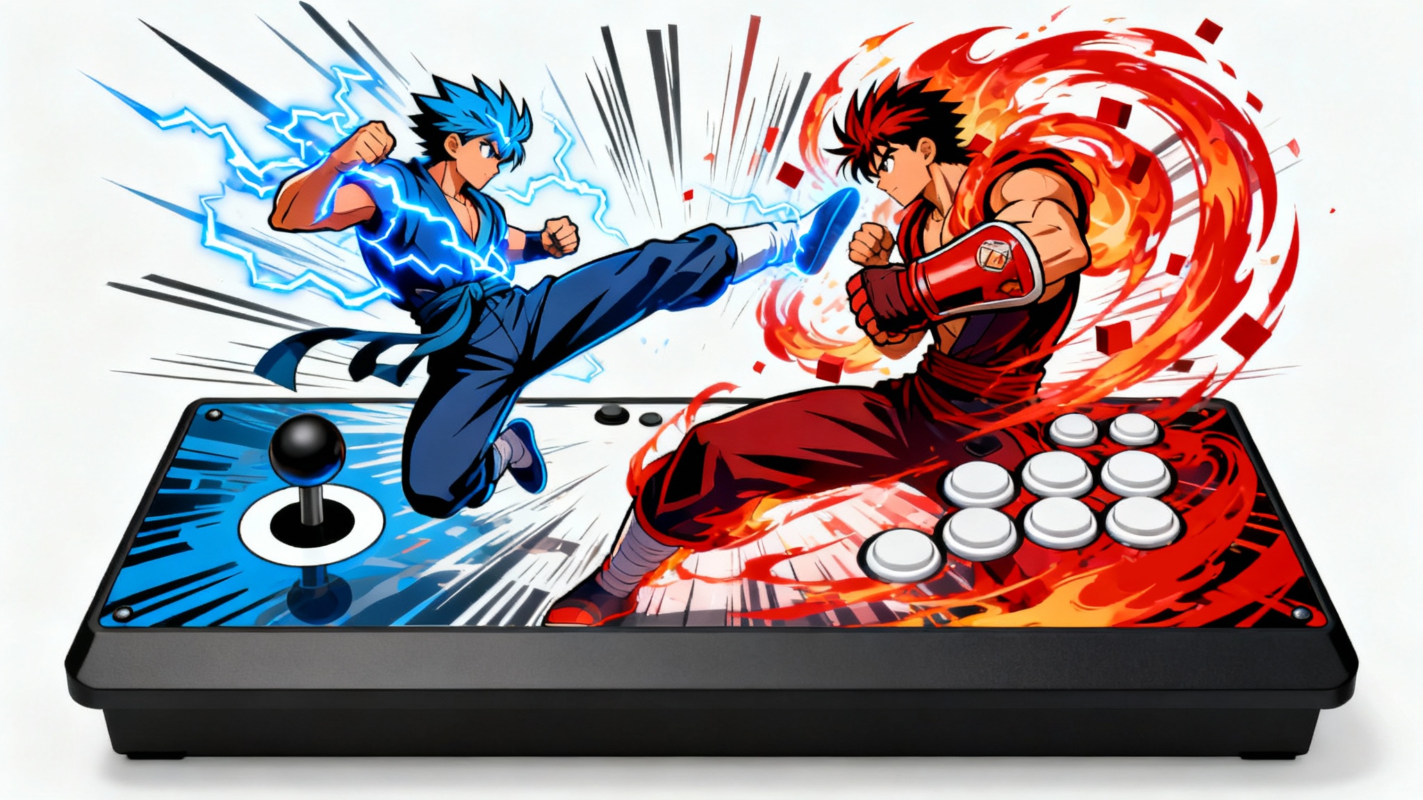 A flat lay of a custom hitbox art design for an arcade stick, featuring two anime fighters clashing with elemental powers. The design has pre-defined cutouts for the joystick and buttons.