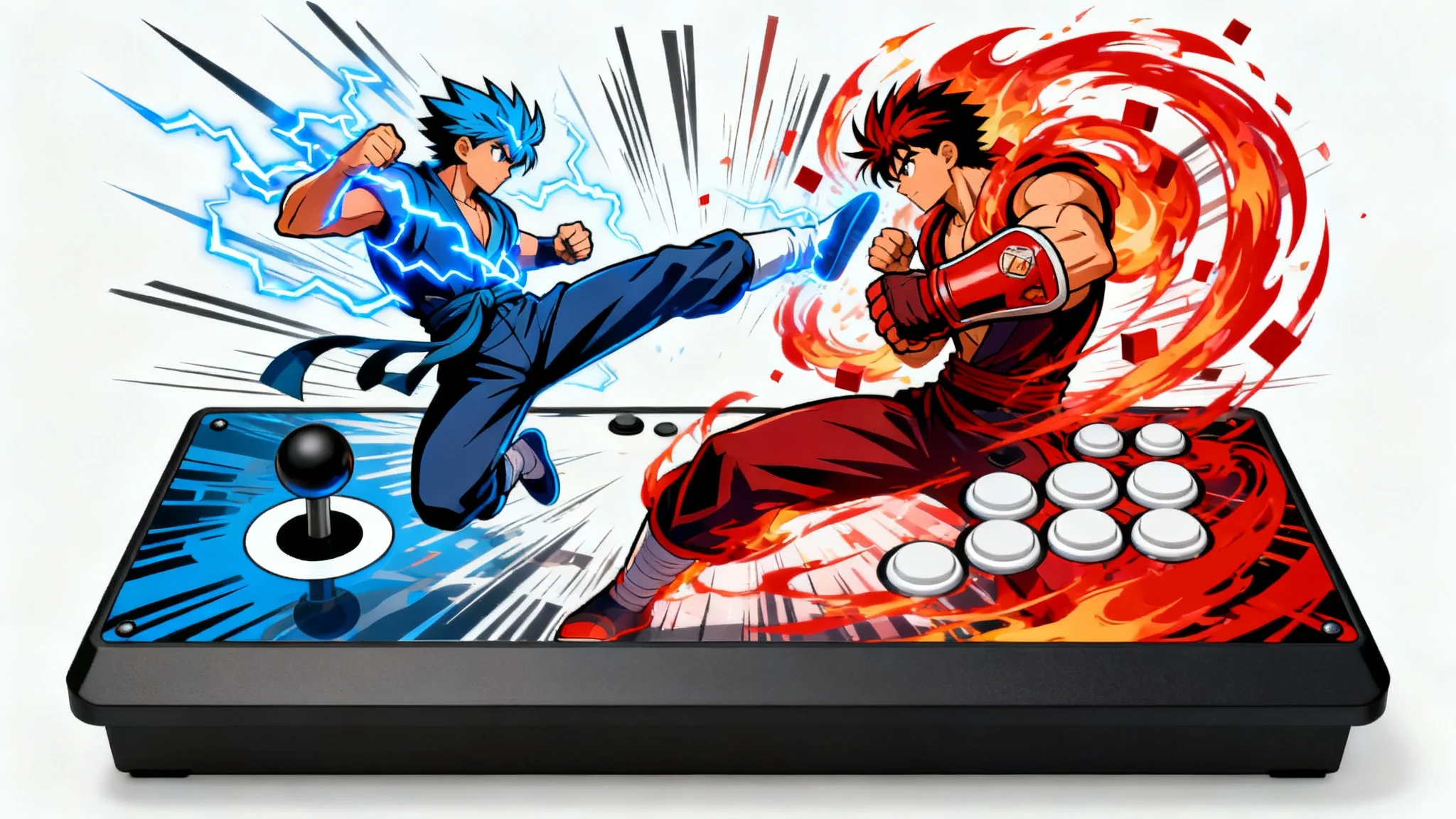A flat lay of a custom hitbox art design for an arcade stick, featuring two anime fighters clashing with elemental powers. The design has pre-defined cutouts for the joystick and buttons.