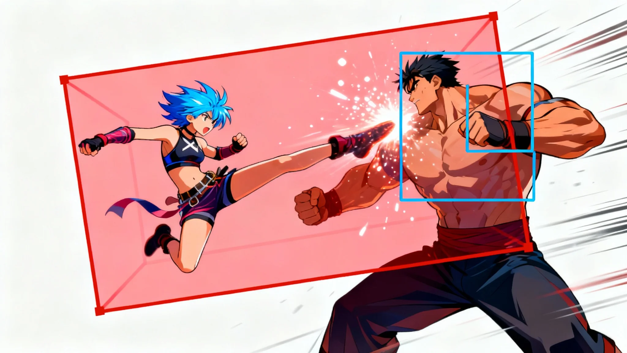 An anime-style illustration of a fighting game character mid-kick, with red and blue semi-transparent rectangles overlaid to show the attack's hitbox and the opponent's hurtbox, on a white background.