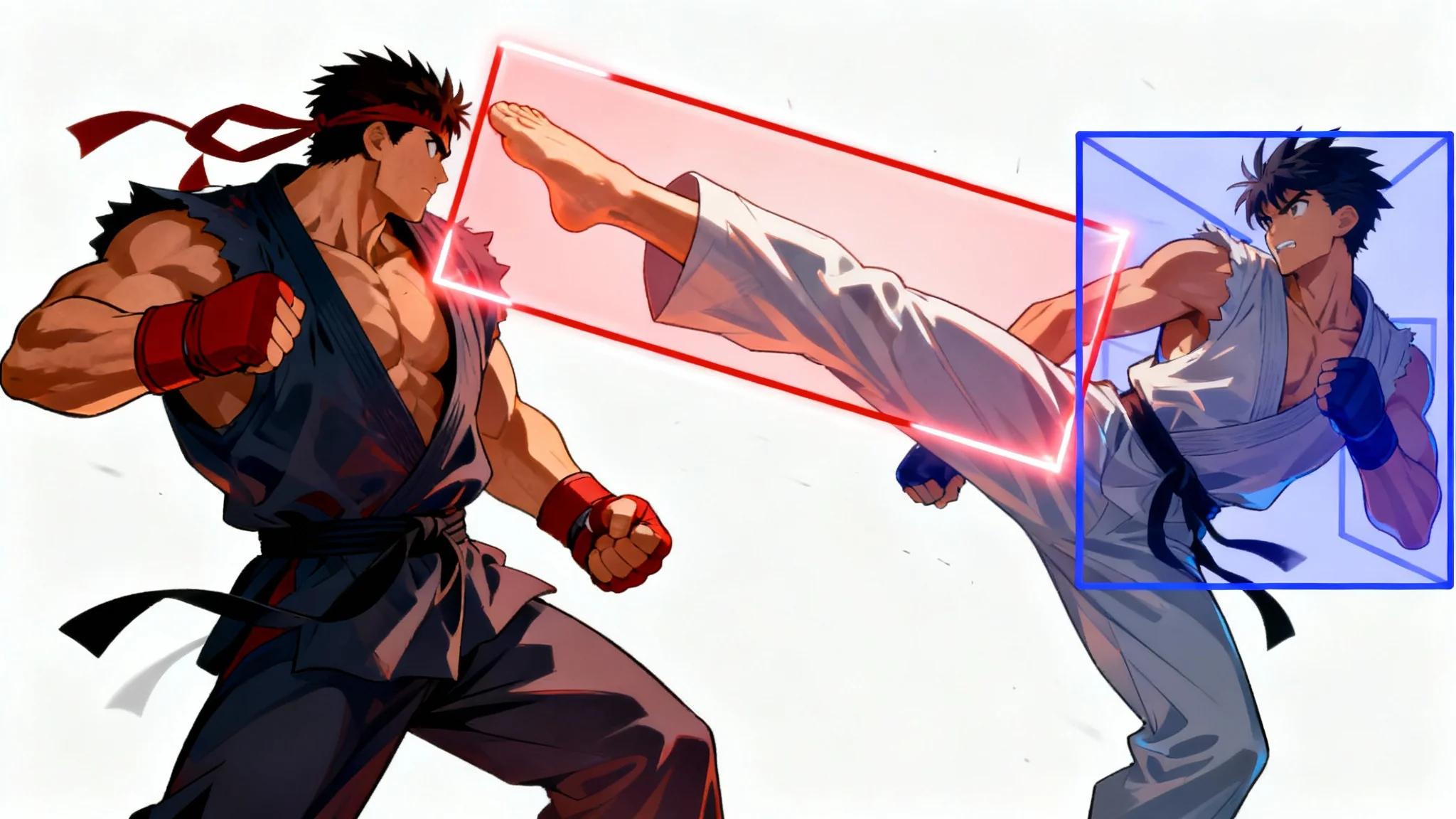 An anime-style digital illustration of a fighting game scene, showing one character kicking another. The attacker's kick is highlighted with a red rectangular hitbox, and the defender's body is covered in blue hurtboxes, all against a clean white background.