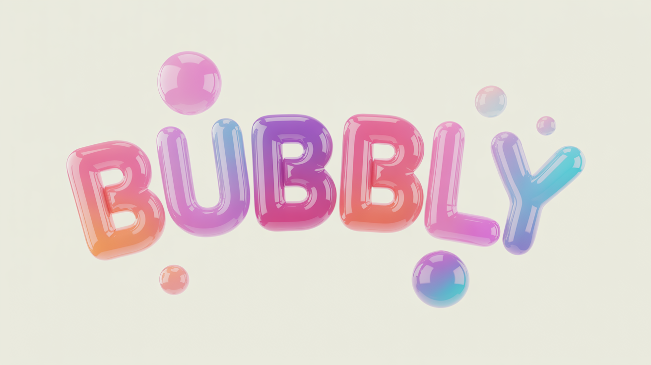 A logo for the word 'BUBBLY' designed in a 3D, puffy bubble font with a glossy finish. The colors are a gradient of pastel pink, purple, and blue, set against a clean, off-white background.