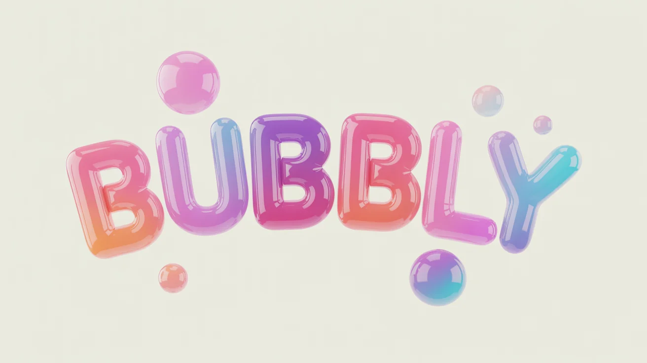 A logo for the word 'BUBBLY' designed in a 3D, puffy bubble font with a glossy finish. The colors are a gradient of pastel pink, purple, and blue, set against a clean, off-white background.