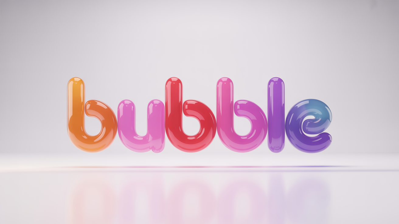 A vibrant 3D logo of the word 'BUBBLE' in a glossy, inflatable pink and purple font, set against a clean white background.
